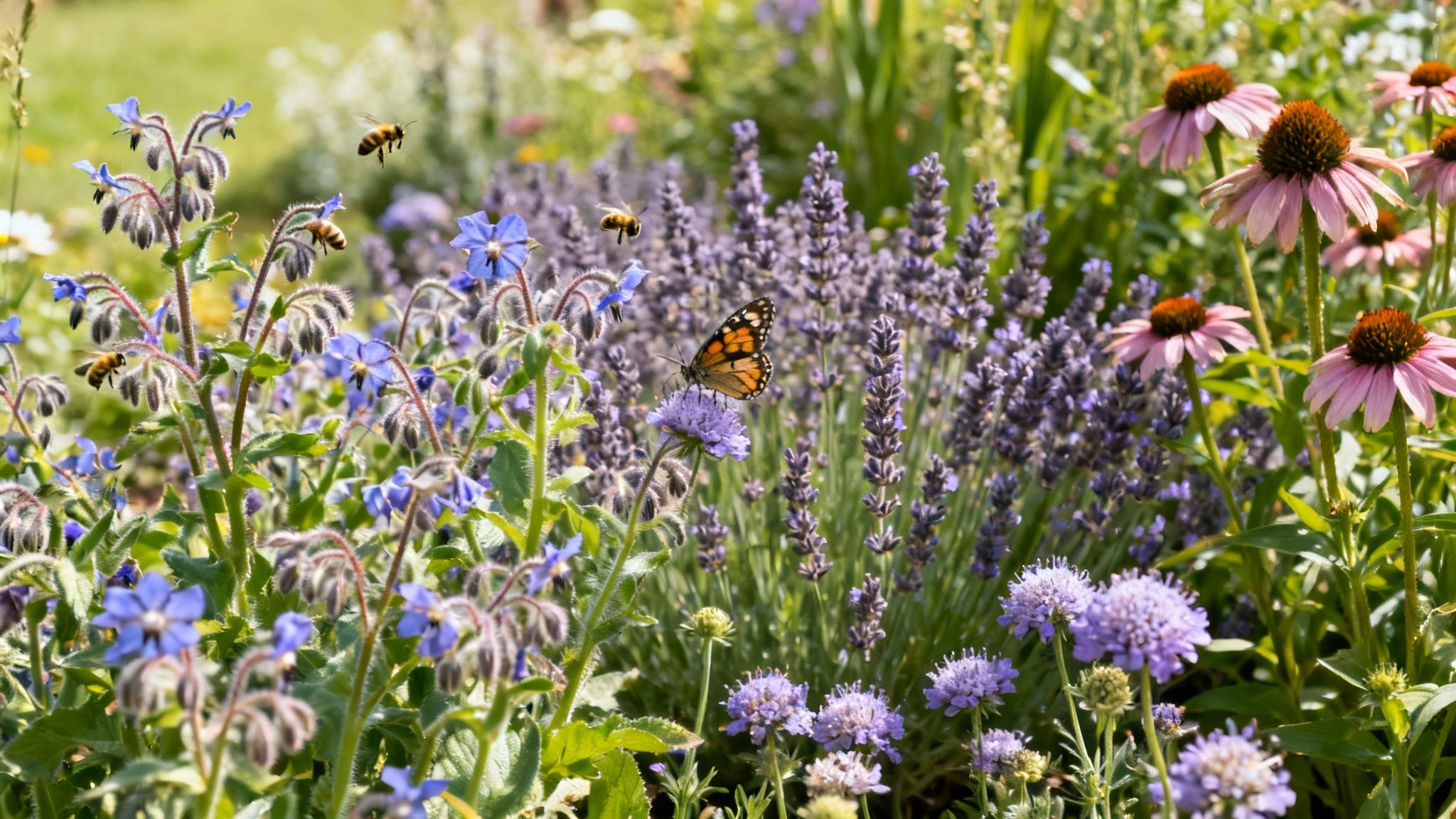 A vibrant summer garden showcasing purple and pink flowers with busy bees and a butterfly.
