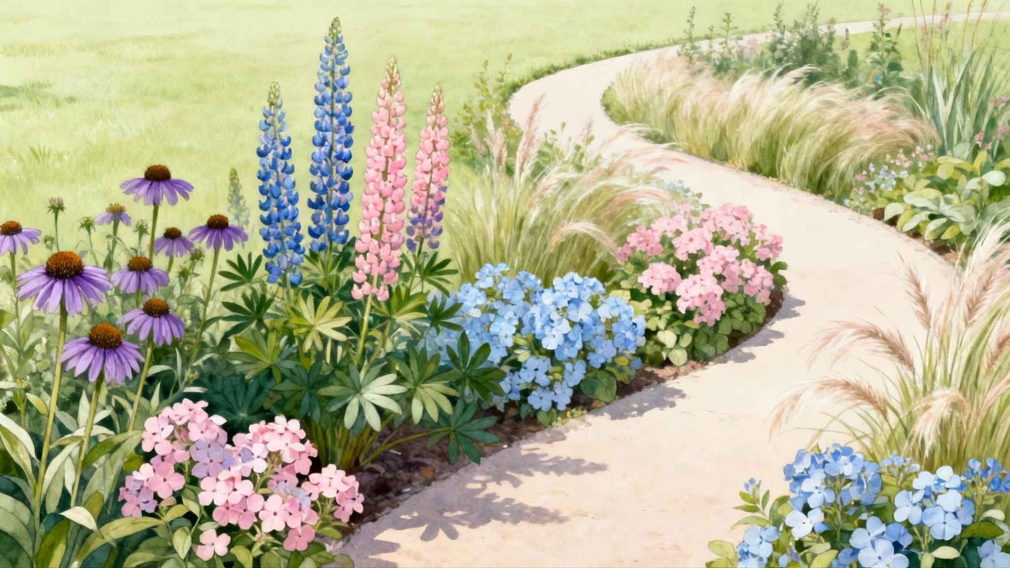 Watercolor painting of a curving garden path lined with vibrant purple coneflowers, blue and pink lupines, and hydrangeas.