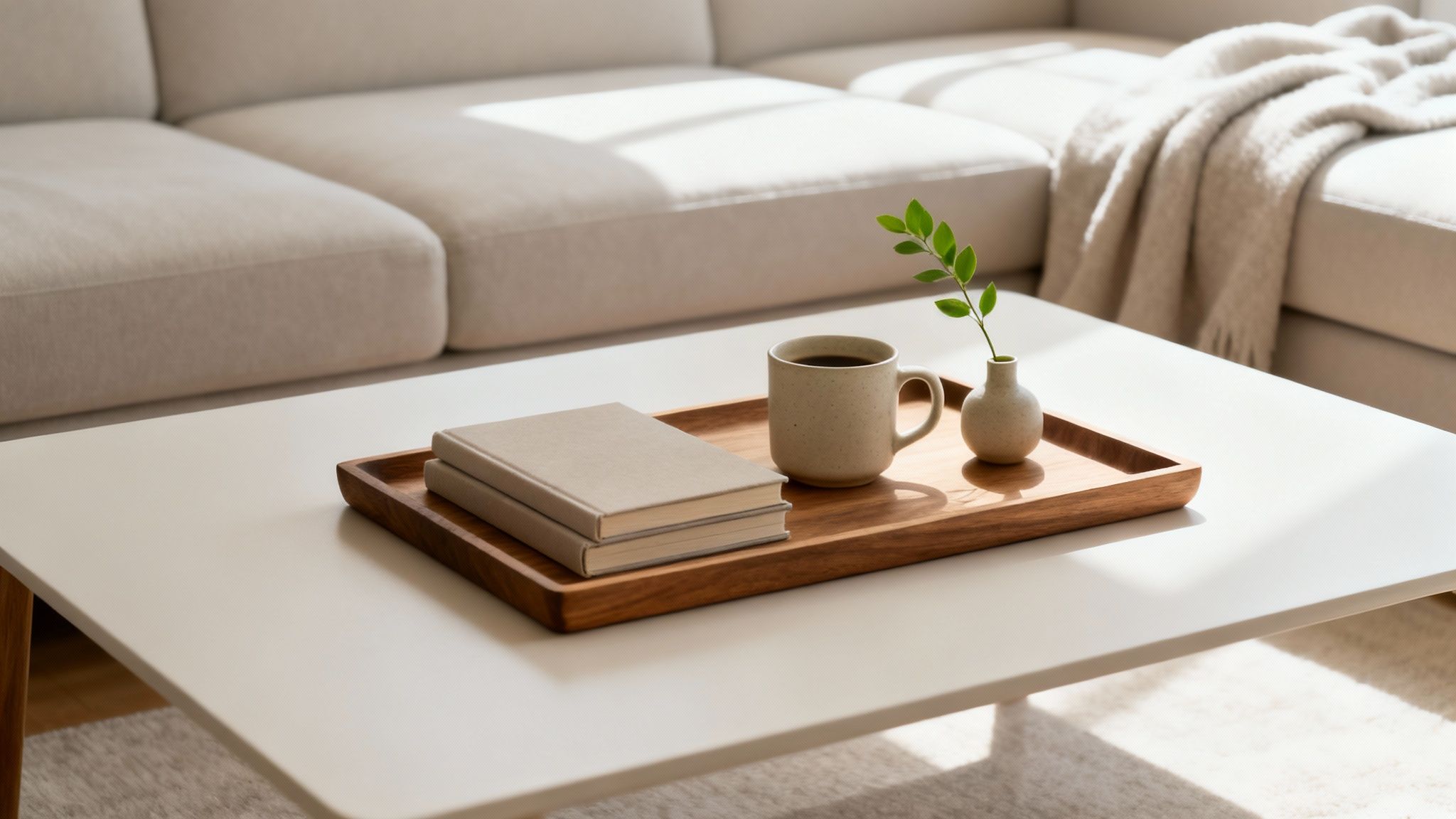 A beige living room with a white coffee table, books, coffee, and a plant on a wooden tray.