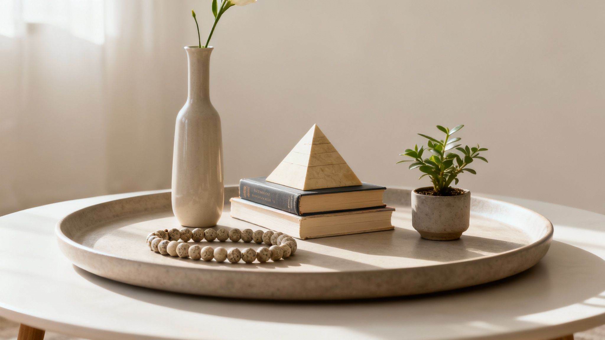 A neutral-toned round tray on a coffee table styled with a vase, books, a pyramid, and a plant.