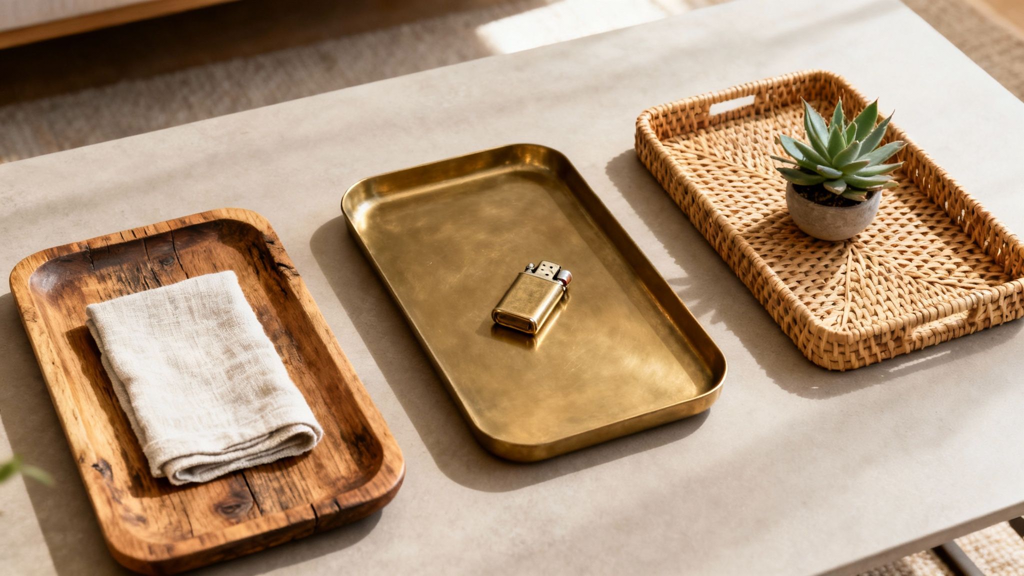 Three decorative trays arranged on a light-colored table: a wooden tray with a cloth, a brass tray with a lighter, and a woven rattan tray holding a small succulent plant.