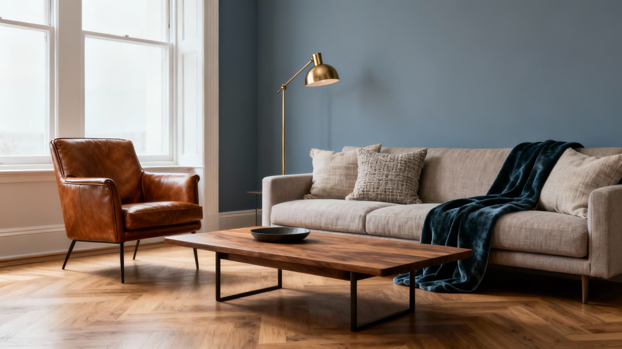A cozy living room featuring a blue-grey wall, brown leather armchair, beige sofa, and gold floor lamp.