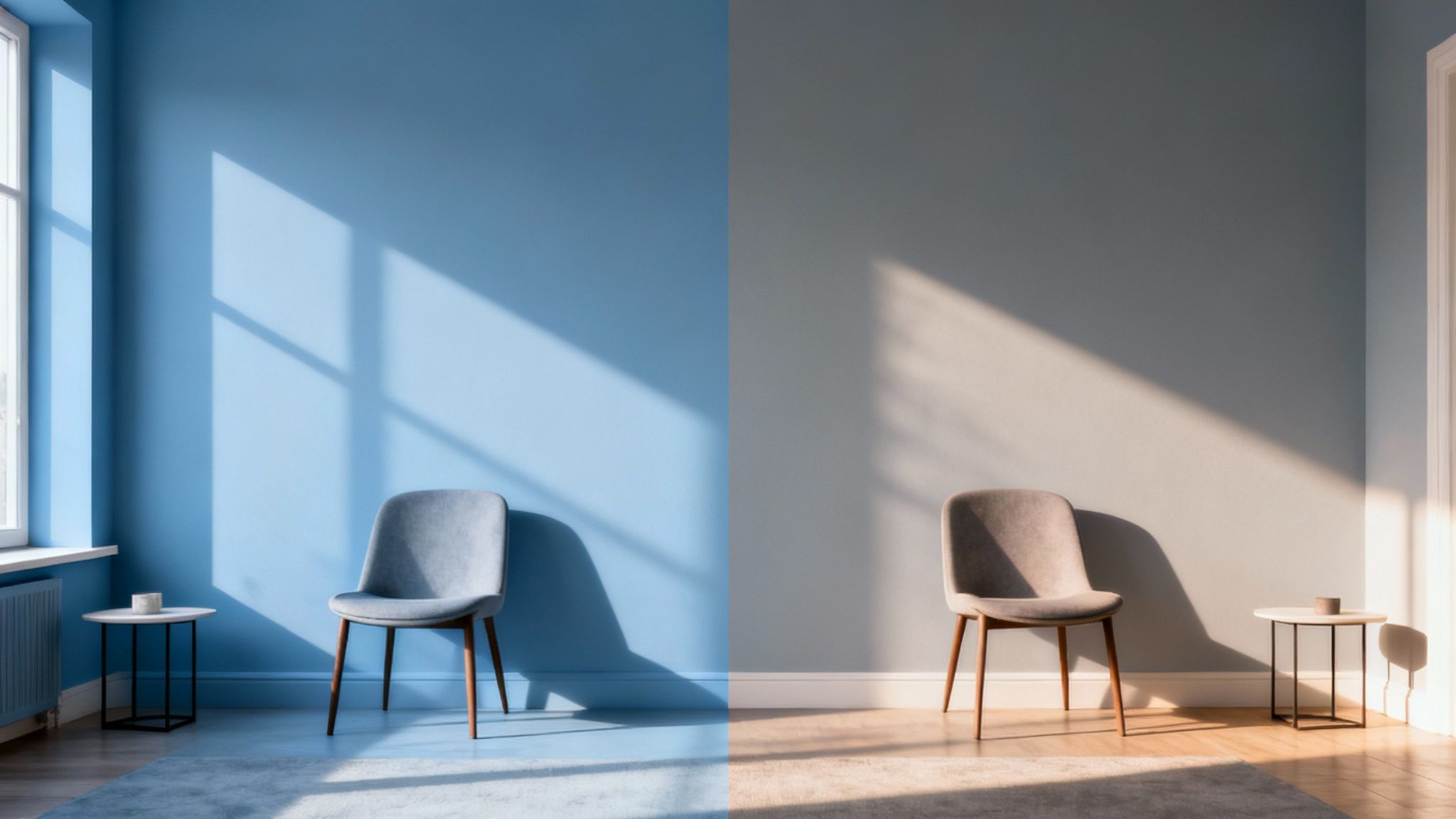 A modern room with walls painted in split blue and grey, featuring two chairs and sunlight.