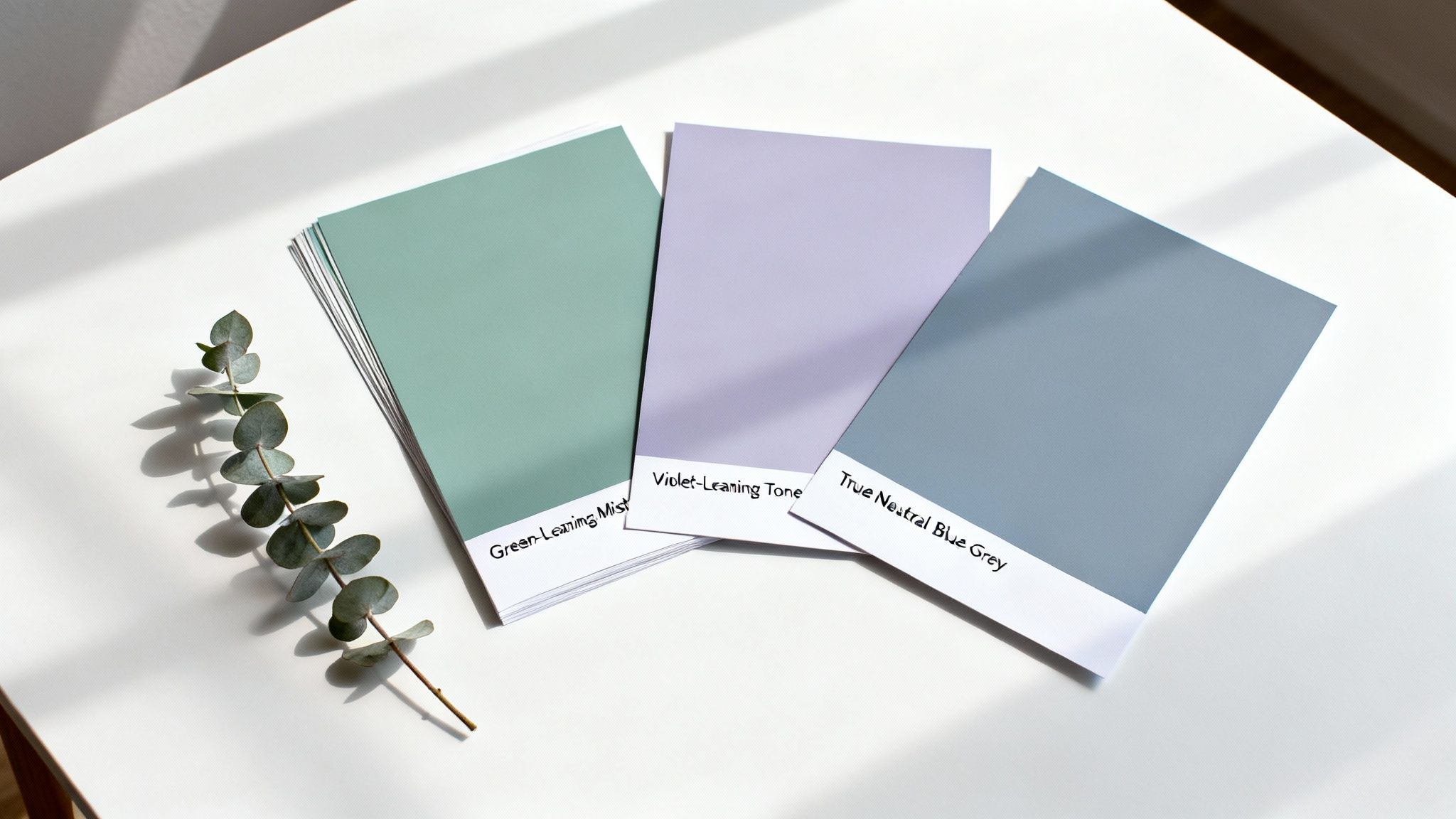 Three modern paint swatches in green, violet, and blue-grey hues with a eucalyptus branch.