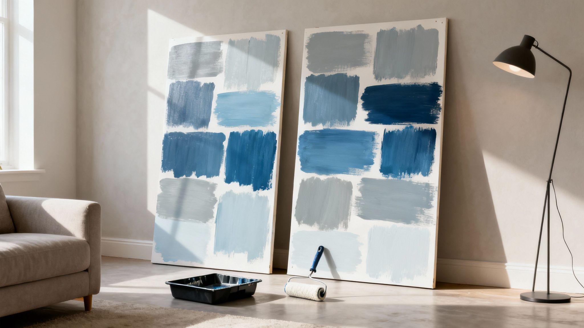 Two large boards featuring multiple blue and grey paint swatches in a sunlit room, with a roller and tray.