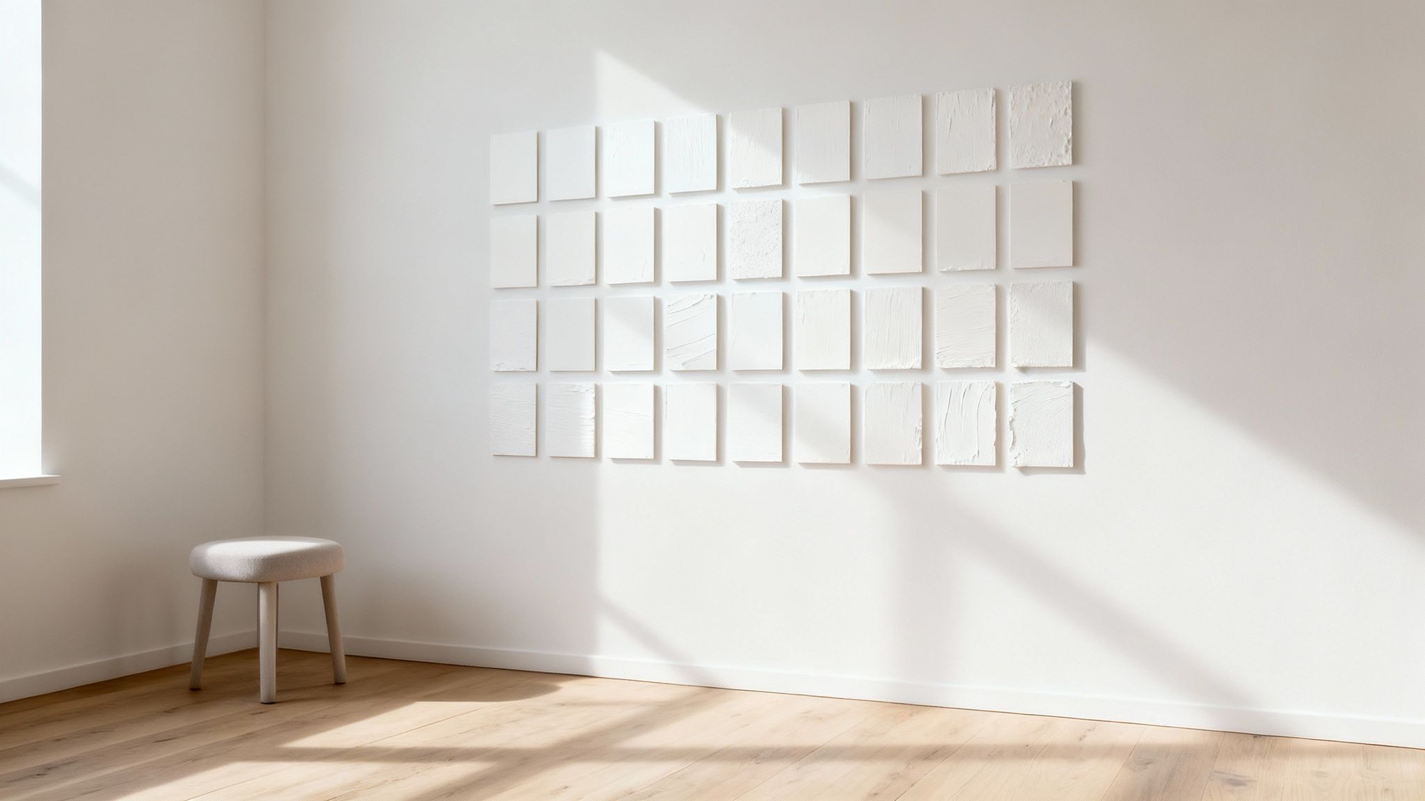 A minimalist room with white walls, wooden floor, and a grid of white textured art panels.