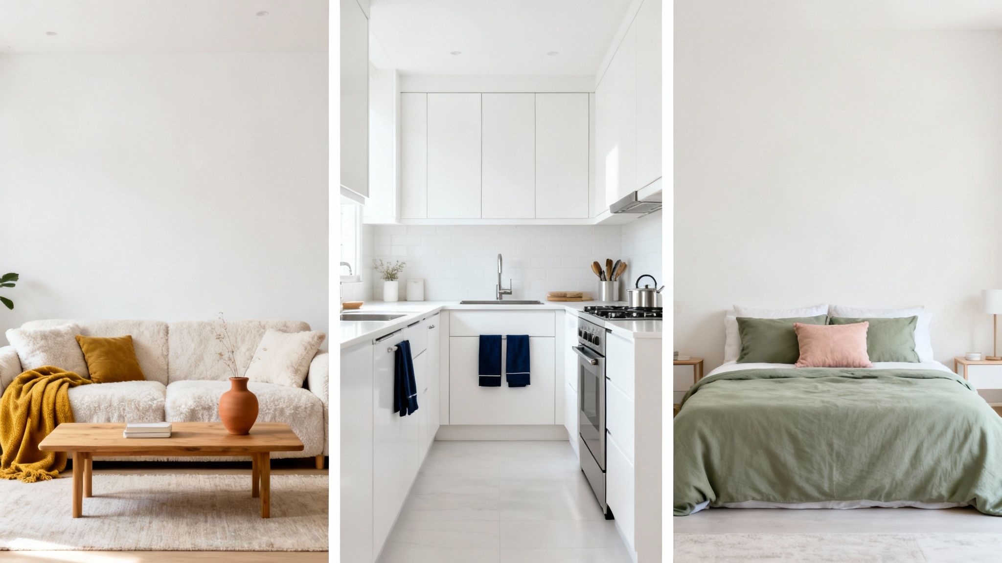 Three modern home scenes: a cozy living room, a minimalist white kitchen, and a serene bedroom.