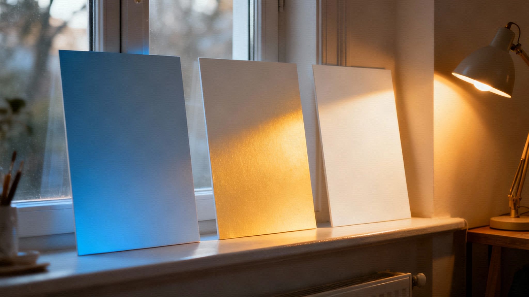 Three paint swatches on a windowsill demonstrating different light temperatures and colors.