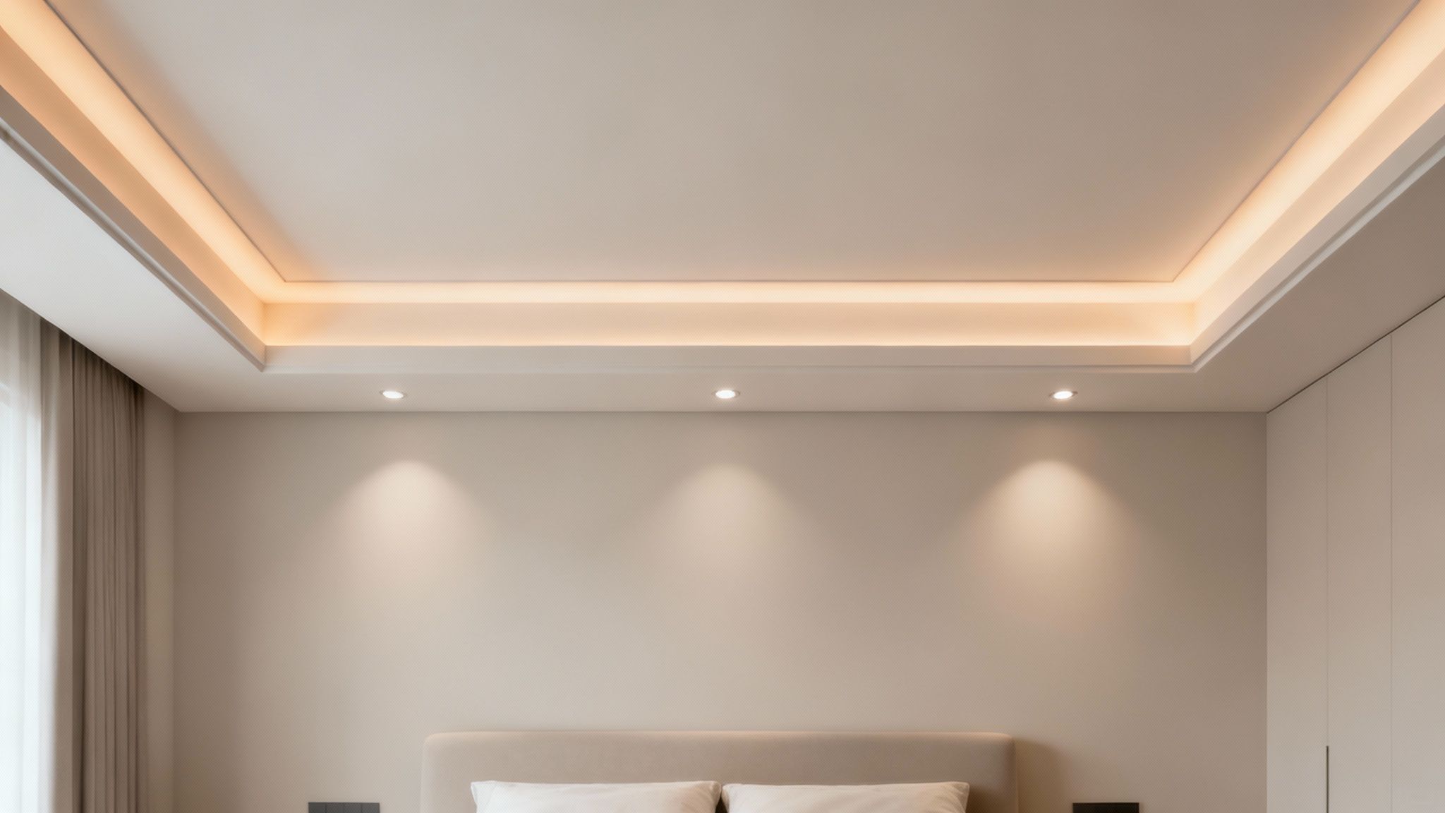 Modern bedroom ceiling with warm ambient cove lighting and focused recessed spotlights.