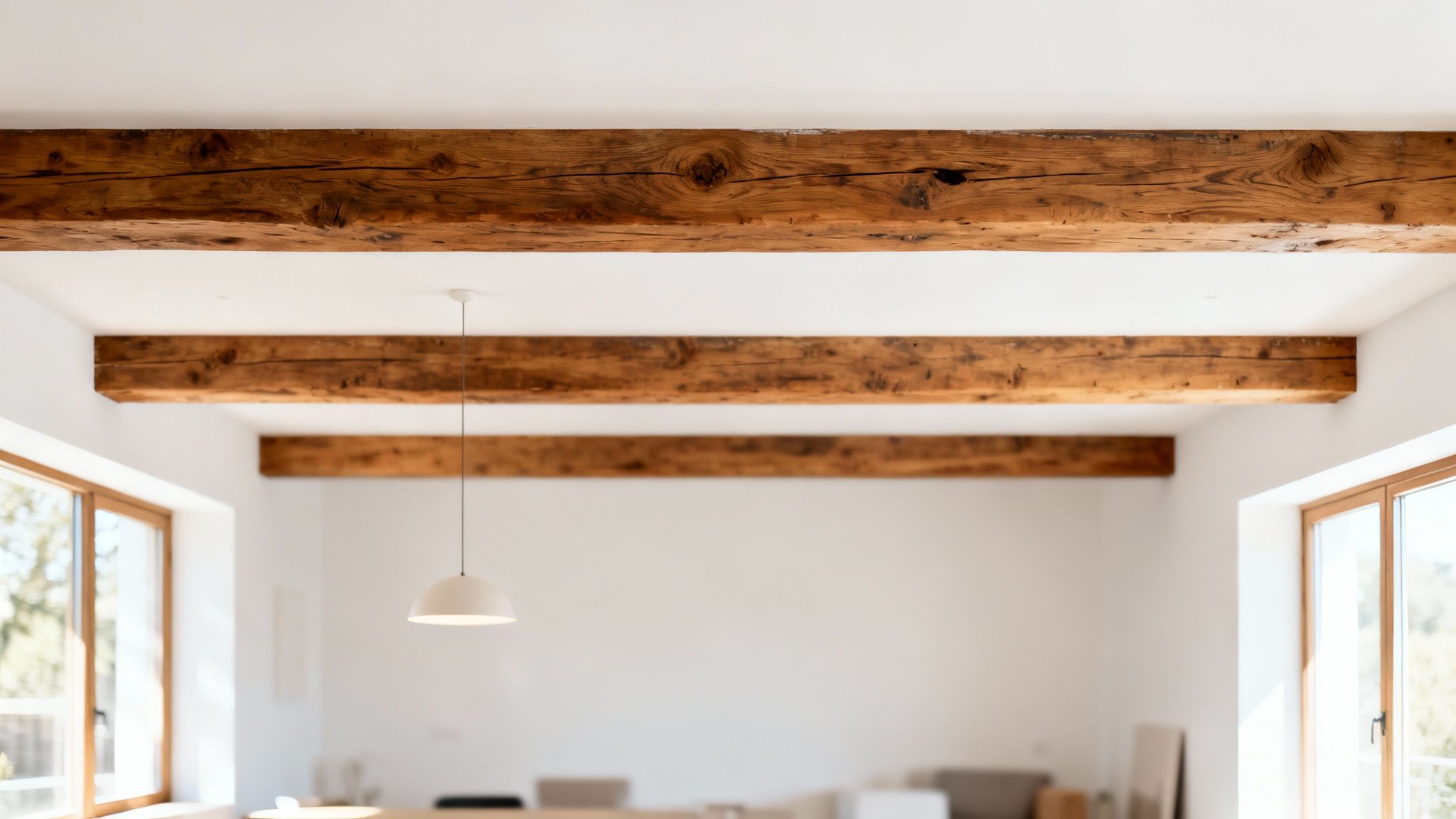 Bright room with a white ceiling, exposed wooden beams, and a modern pendant light, flanked by windows.