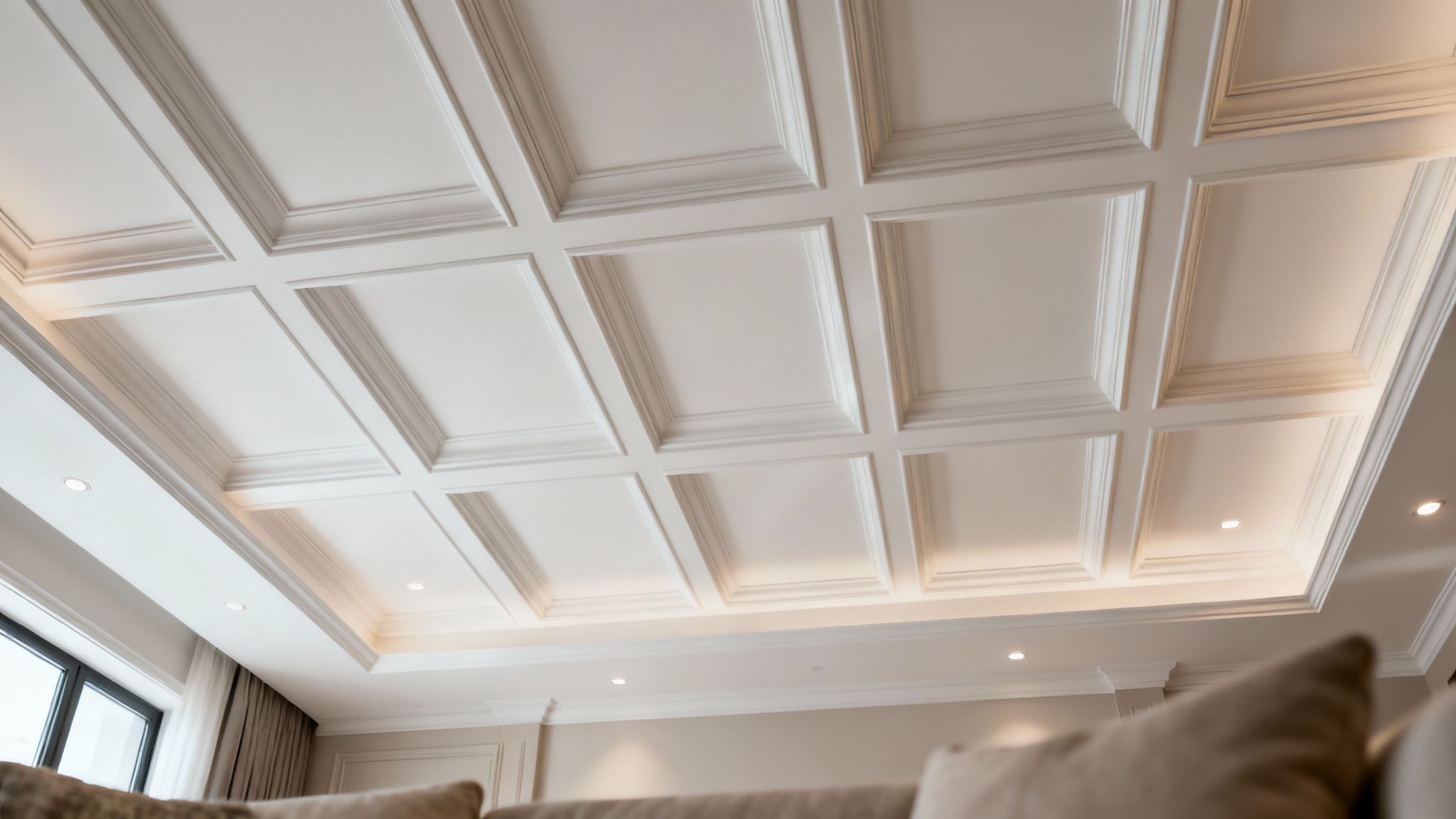 Elegant white coffered ceiling with intricate molding details and warm recessed lighting in a room.