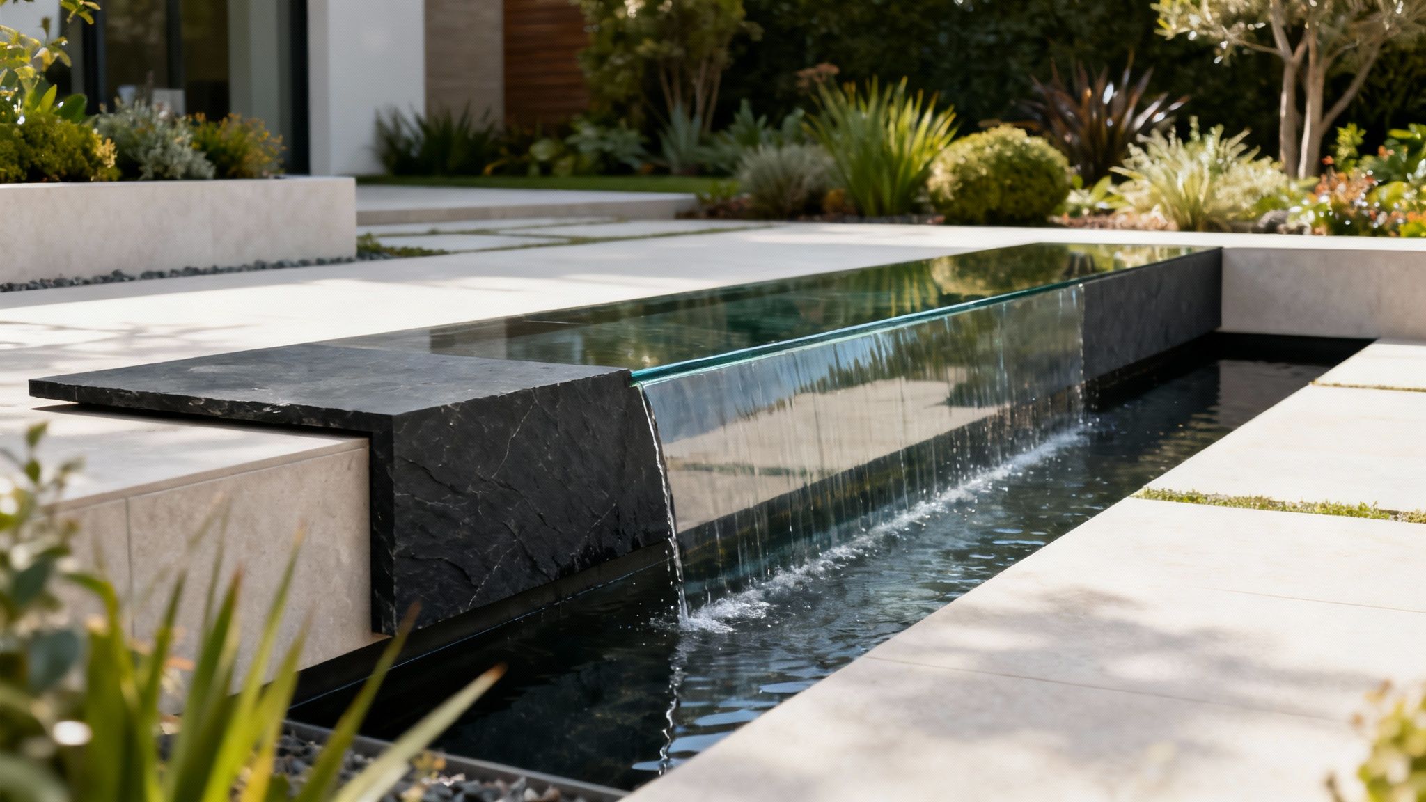 A sleek modern outdoor water feature with a dark stone edge and a cascading waterfall into a reflective pond.