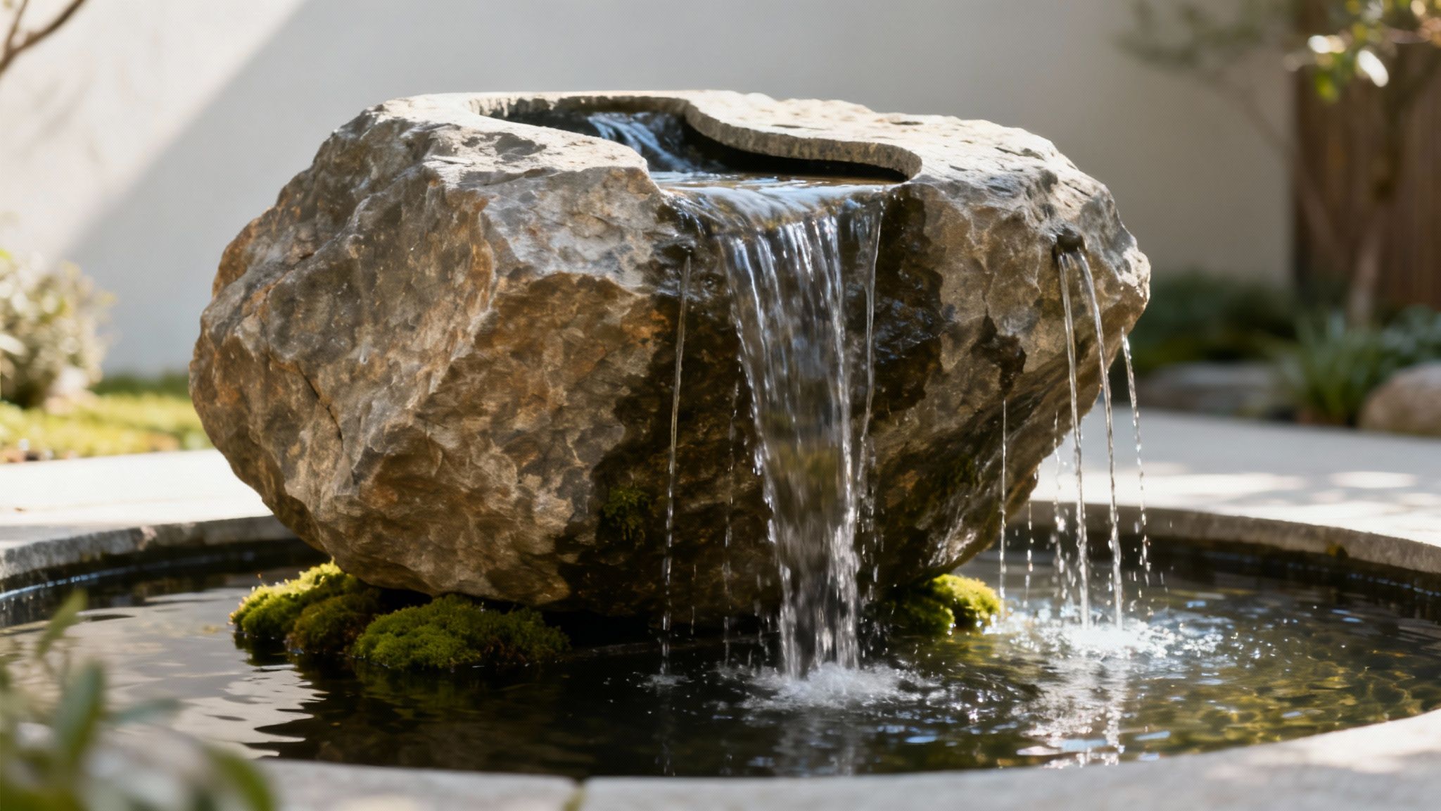 A serene stone fountain with water cascading into a moss-edged pond in a peaceful garden.