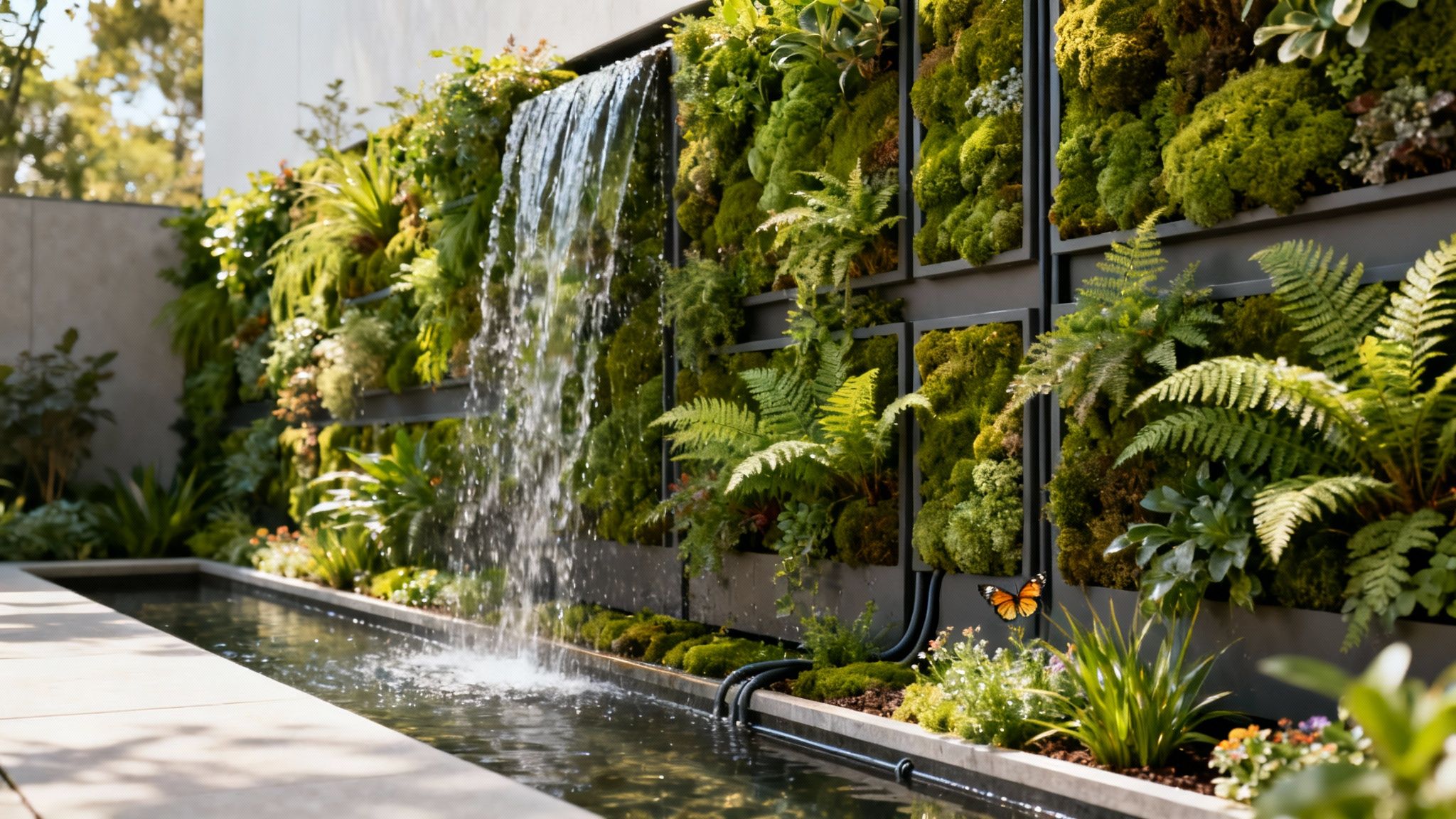 Lush vertical garden with a captivating waterfall, diverse green plants, and a butterfly by a serene pond.