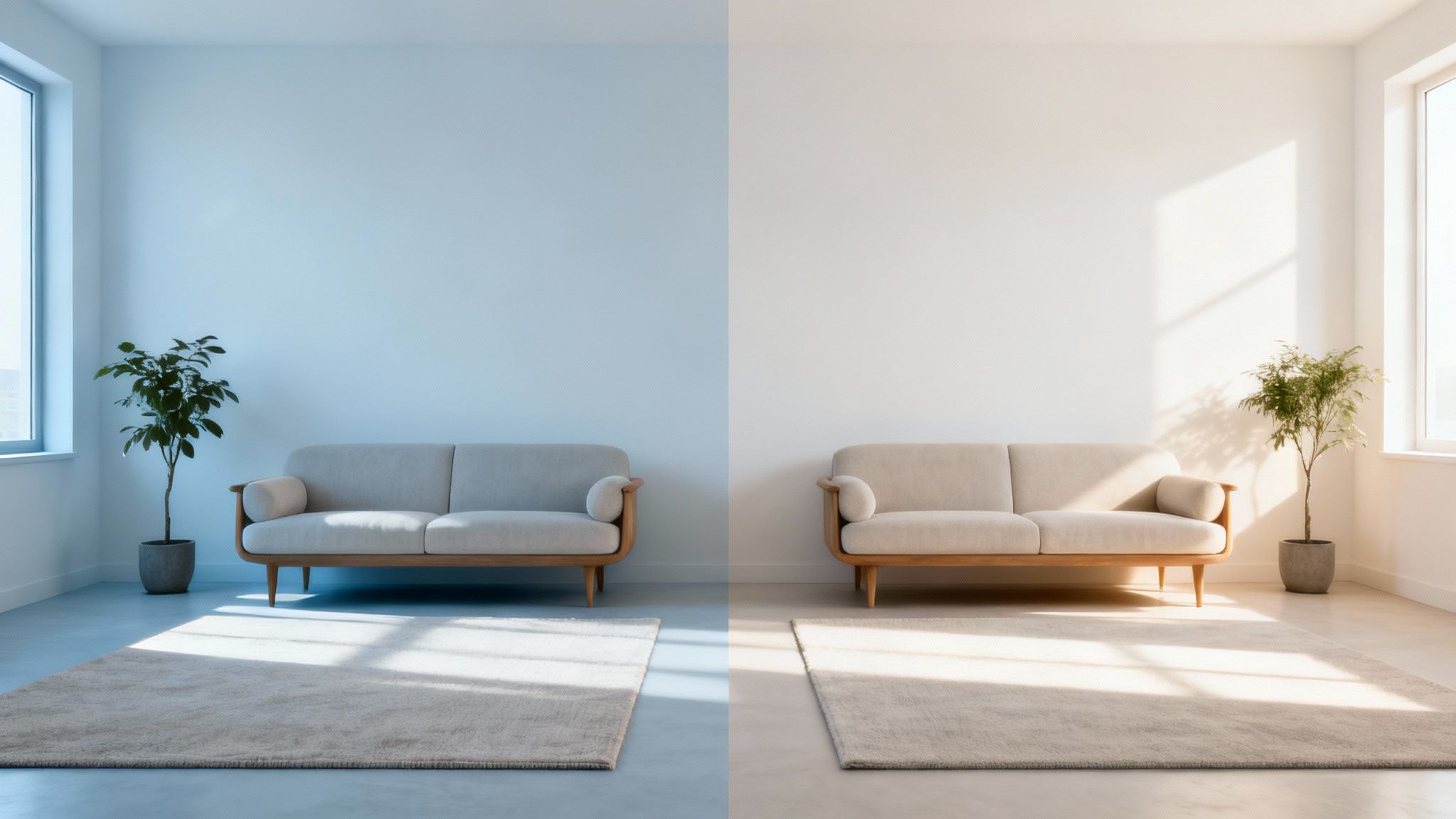 Two identical living room setups demonstrating cool white versus warm white paint colors.