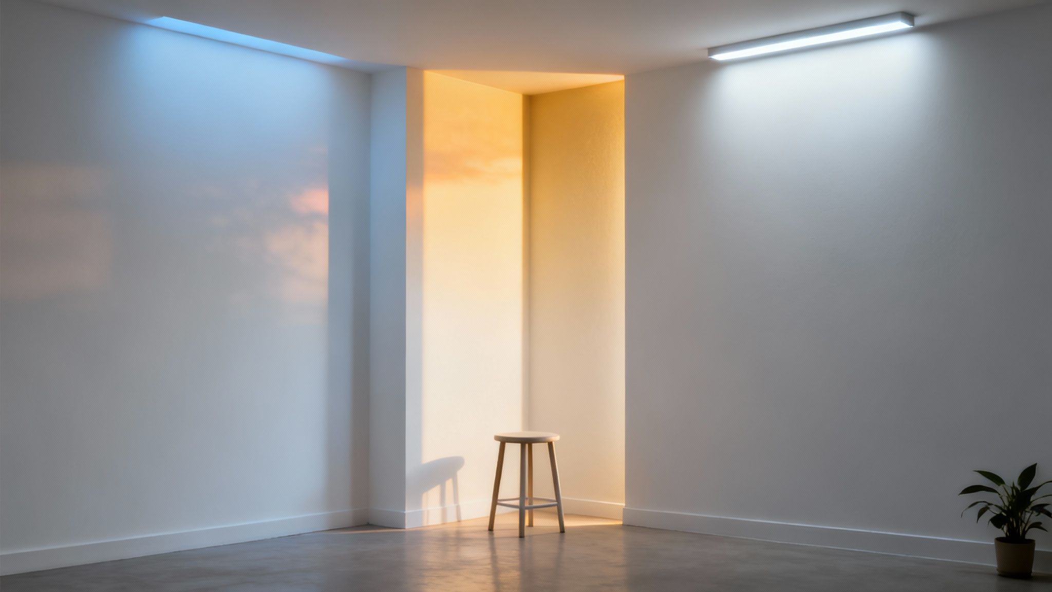 Modern white room with a wooden stool illuminated by warm and cool light.
