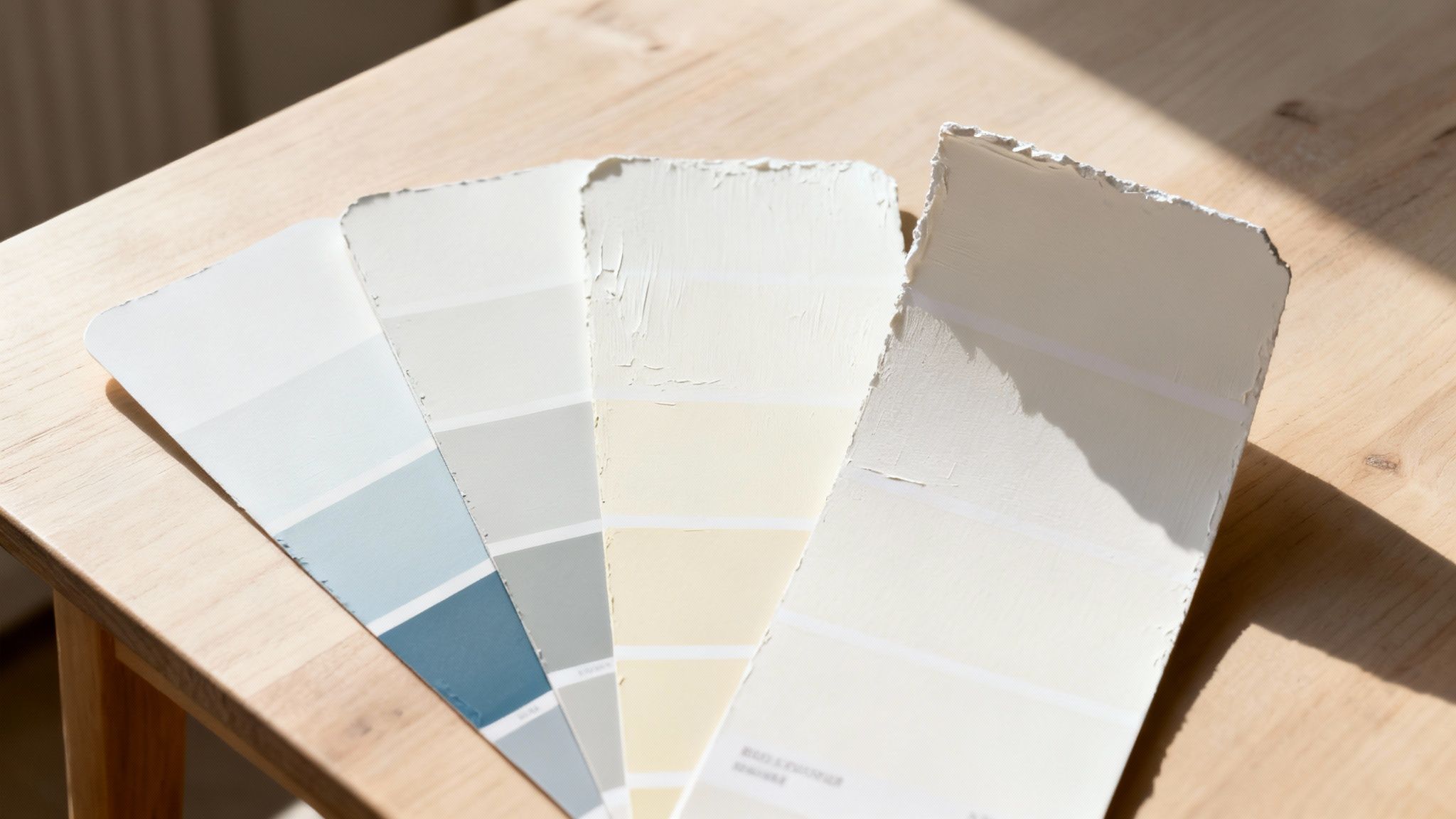 Various paint swatches in shades of blue, gray, cream, and white fanned out on a wooden table in sunlight.