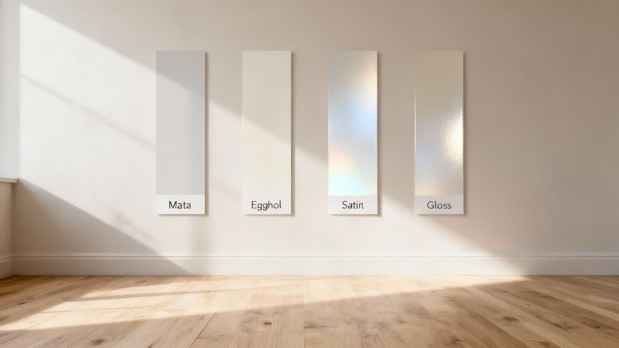 Four white and off-white paint swatches with varying finishes on a light wall with sunlight on a wooden floor.