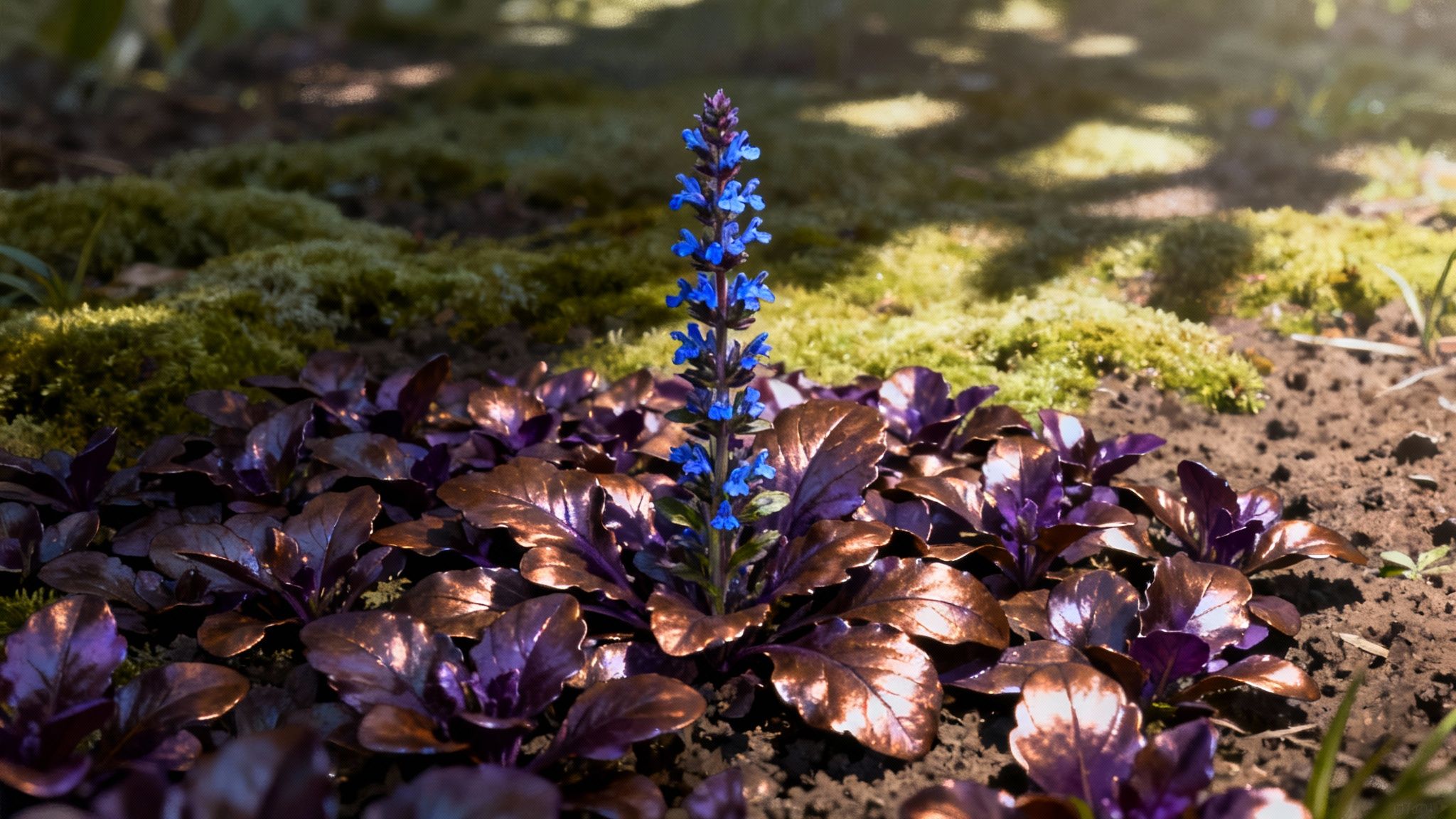 Beautiful blue flower spike rising from purplish-bronze ground cover in dappled sunlight.
