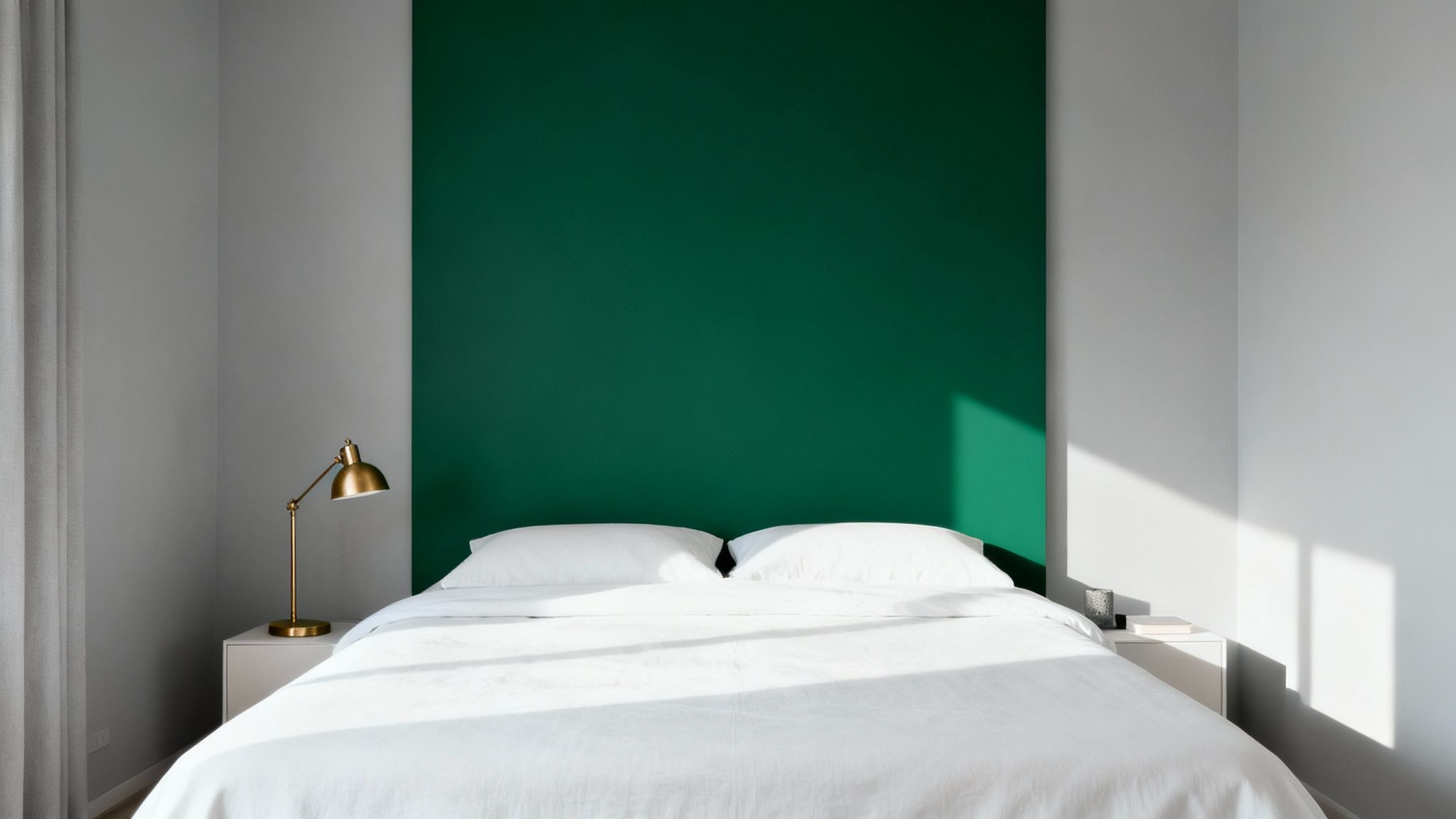 A modern bedroom featuring a dark green accent wall, white bedding, and a gold lamp.