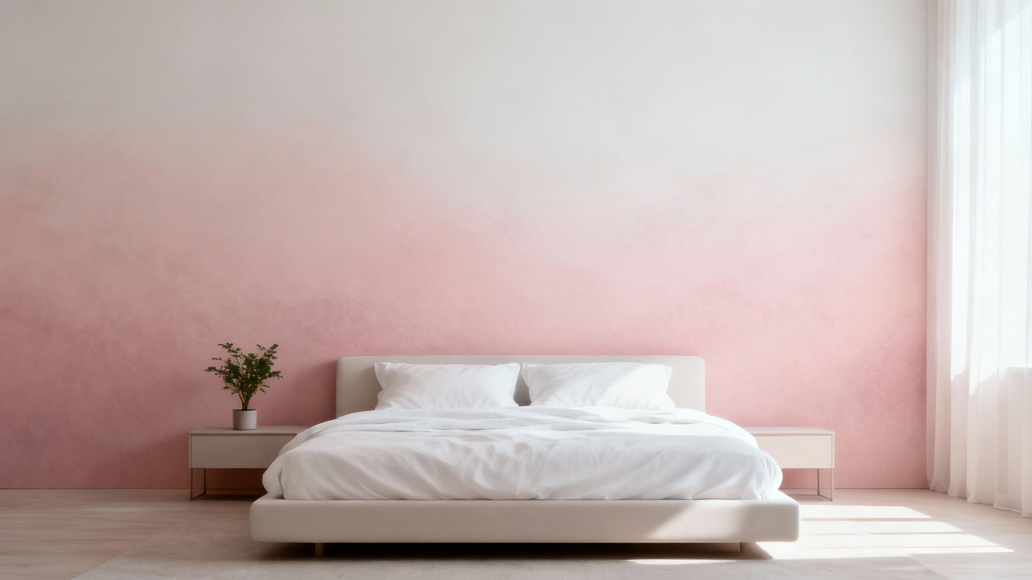 A minimalist bedroom featuring a white bed, two nightstands, and a pink ombre painted wall.