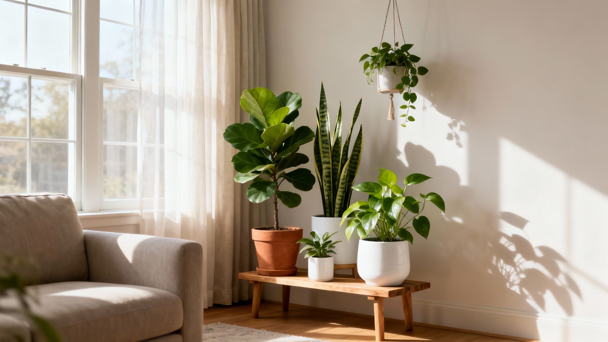 A bright, sunlit living room corner with various green indoor plants on a wooden bench and hanging.