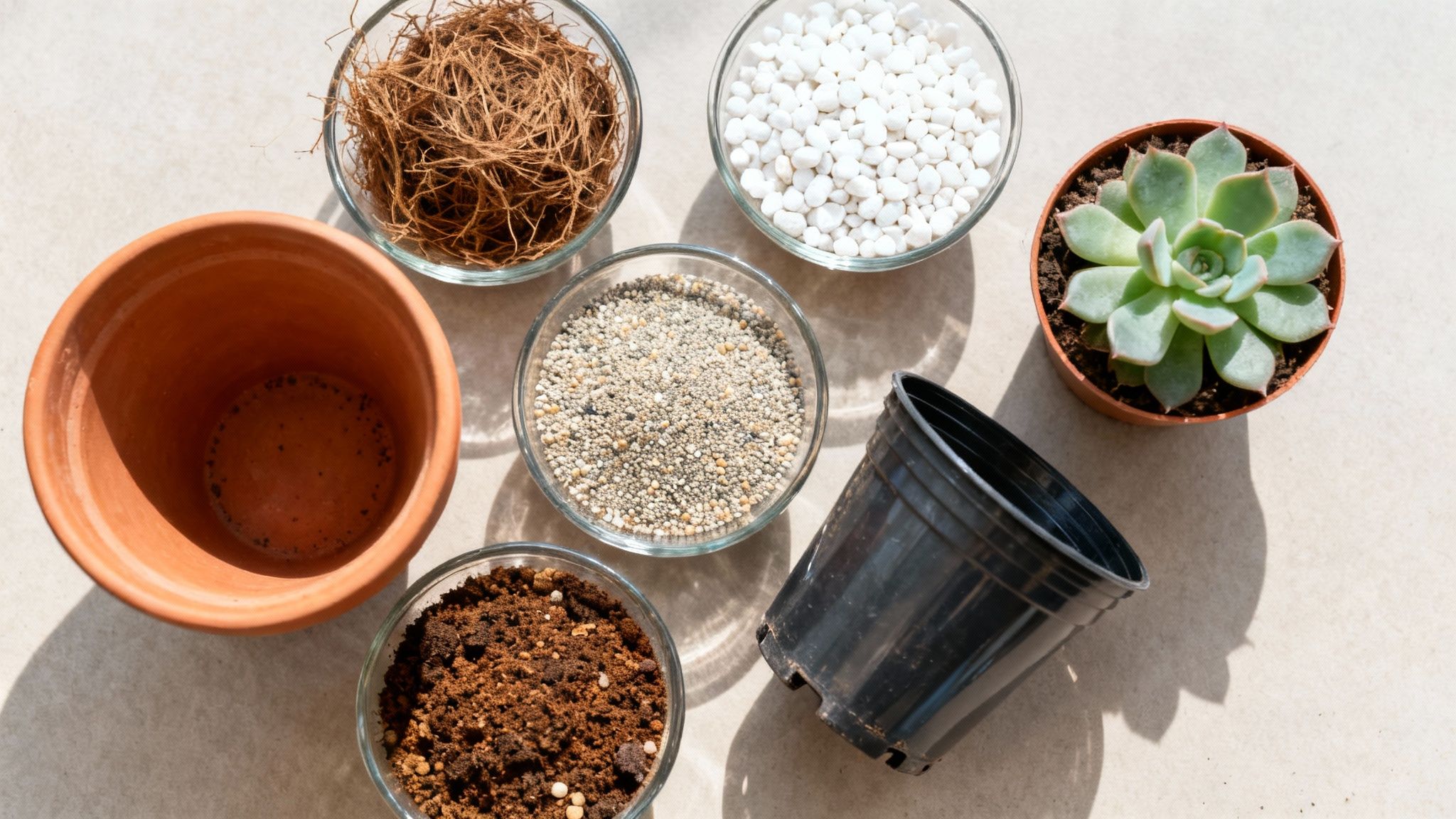Overhead view of various materials for repotting a succulent plant, including pots, soil, and drainage components.
