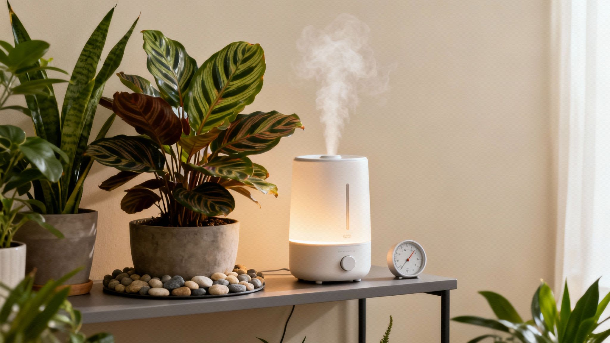 A white humidifier releasing mist next to vibrant indoor plants on a grey shelf.