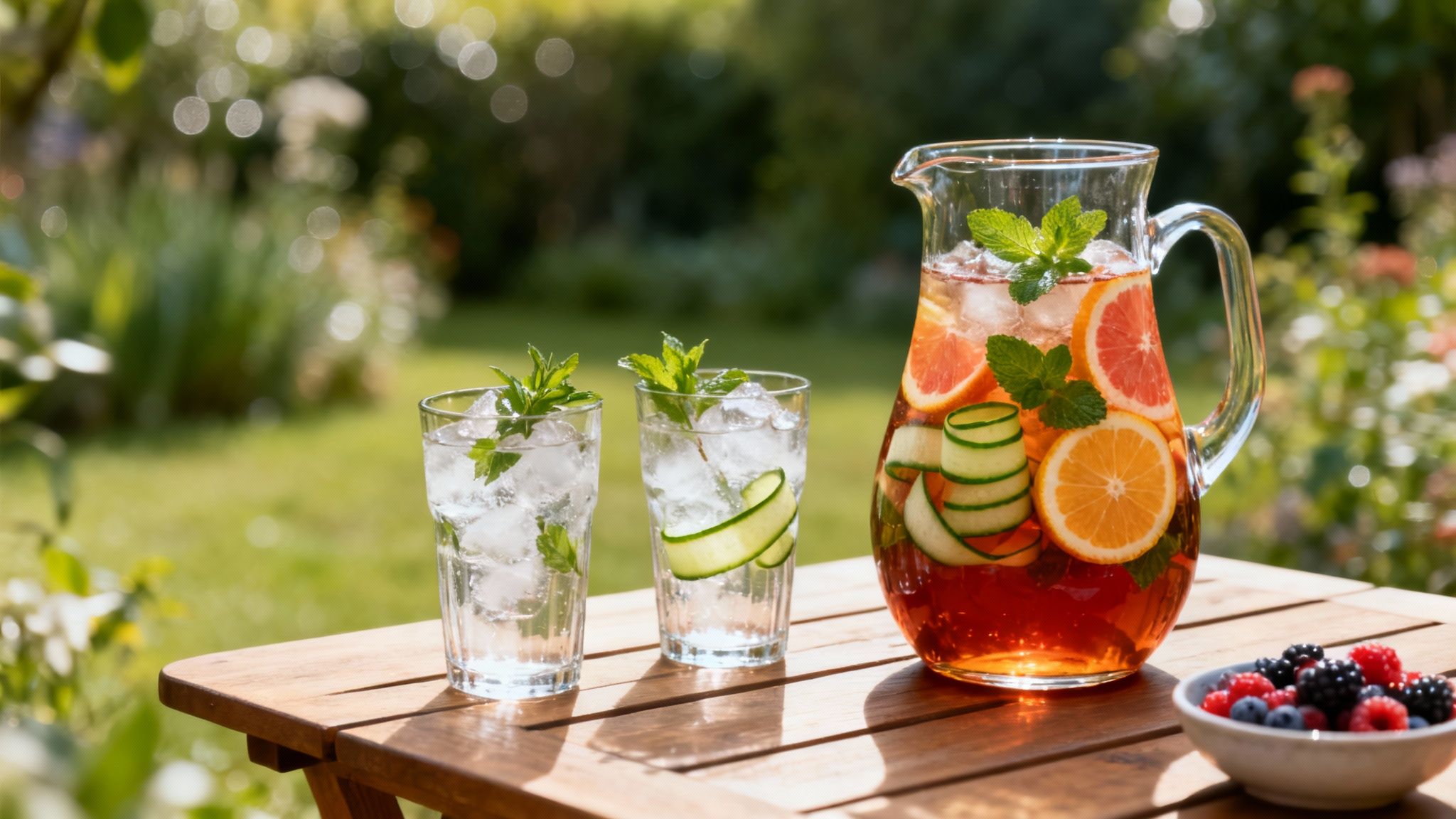 Refreshing iced tea and water with fruit and mint on a wooden table in a sunny garden.