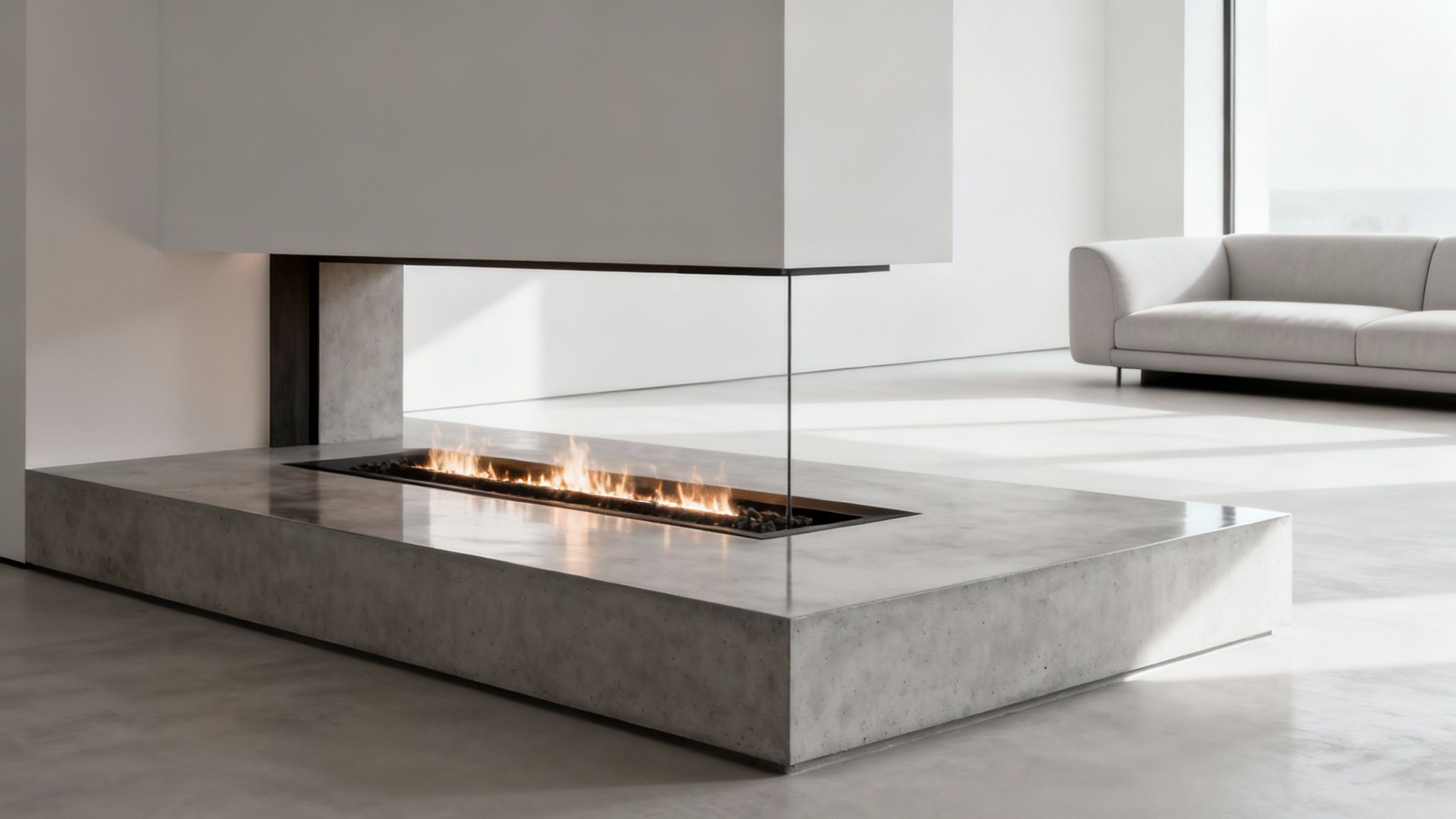 A minimalist living room features a modern concrete fireplace with a linear gas flame and glass enclosure.
