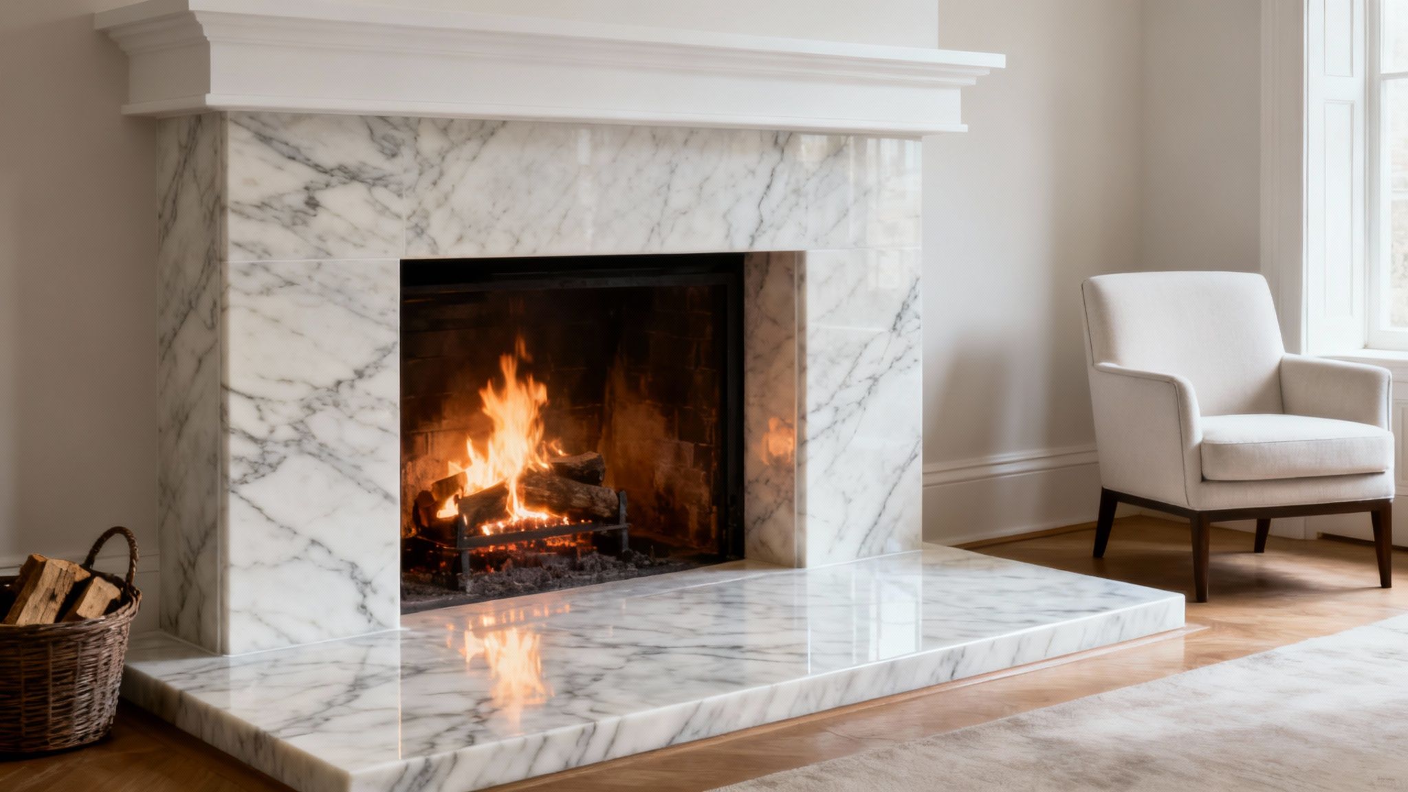 A cozy living room with a white marble fireplace, a warm fire, and a comfortable armchair.