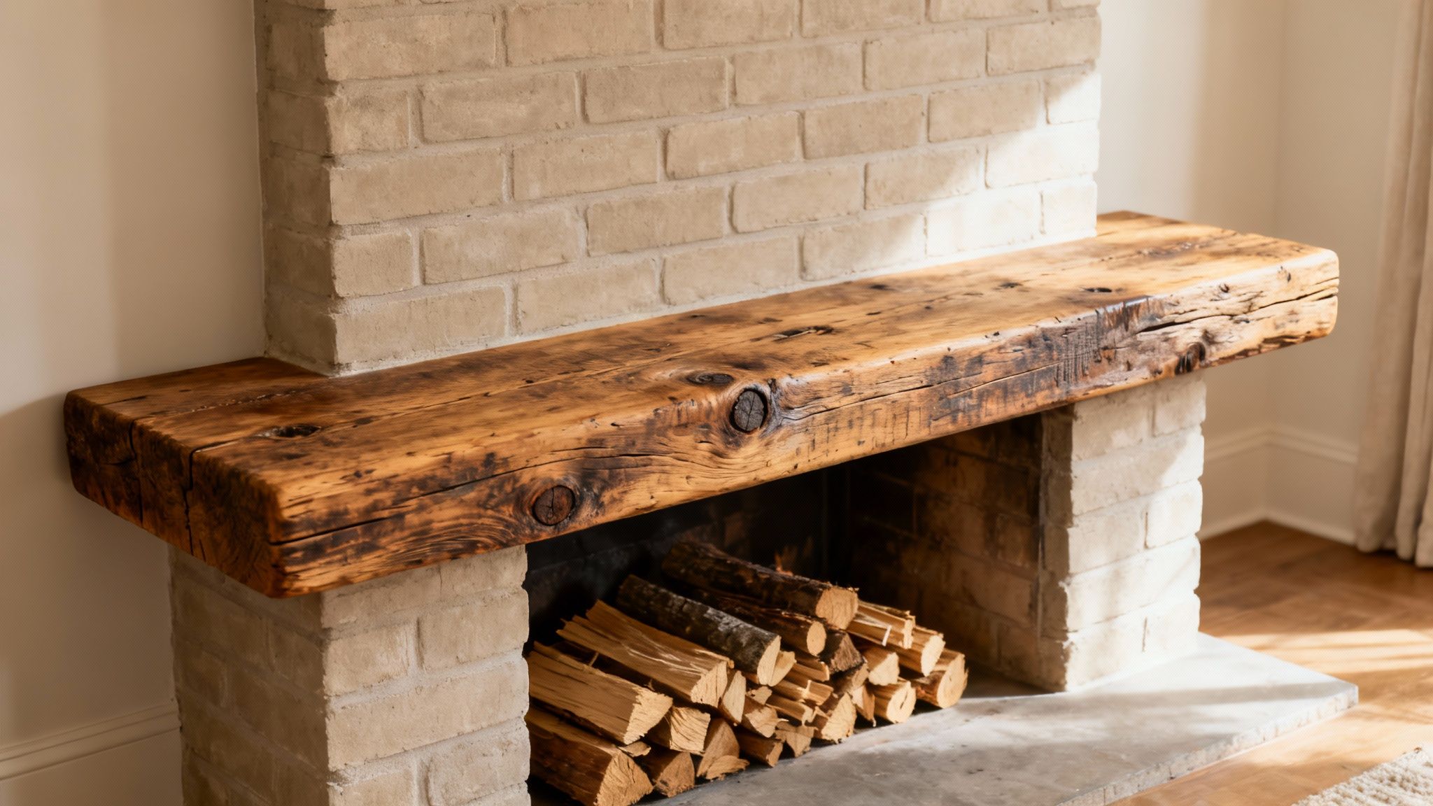 A cozy brick fireplace features a rustic wooden mantel and neatly stacked firewood inside.