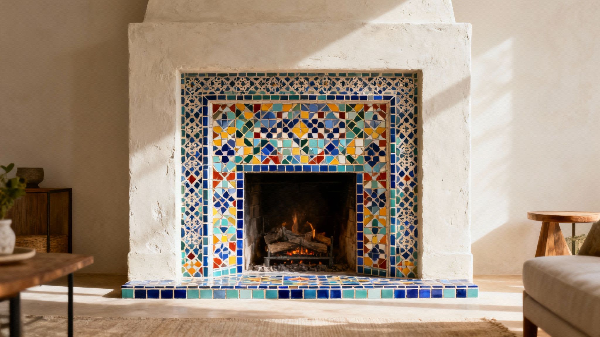 Colorful patterned tiles adorn a warm fireplace hearth with a crackling fire in a bright room.