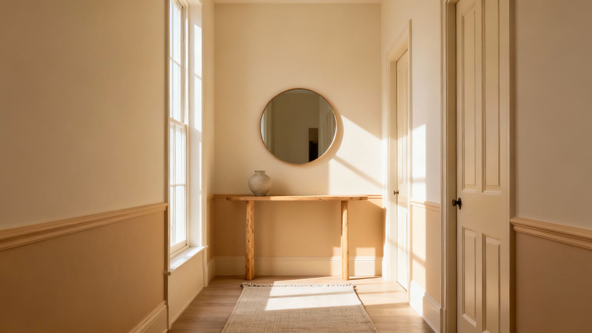 A sunlit hallway features a light wood console table, round mirror, and a beige two-tone wall.