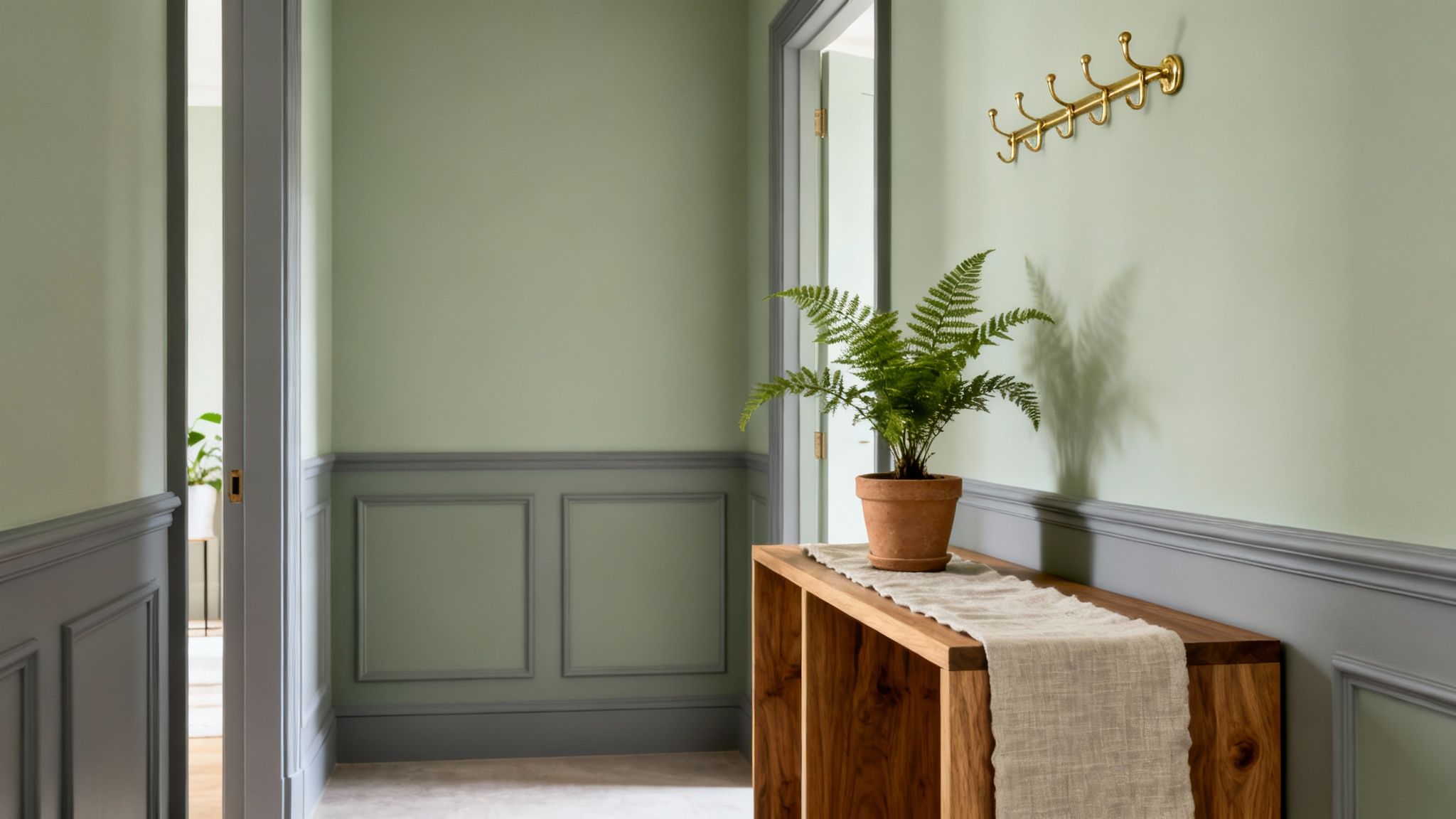 A well-decorated hallway featuring sage green walls, gray wainscoting, a console table with a fern, and a gold coat rack.