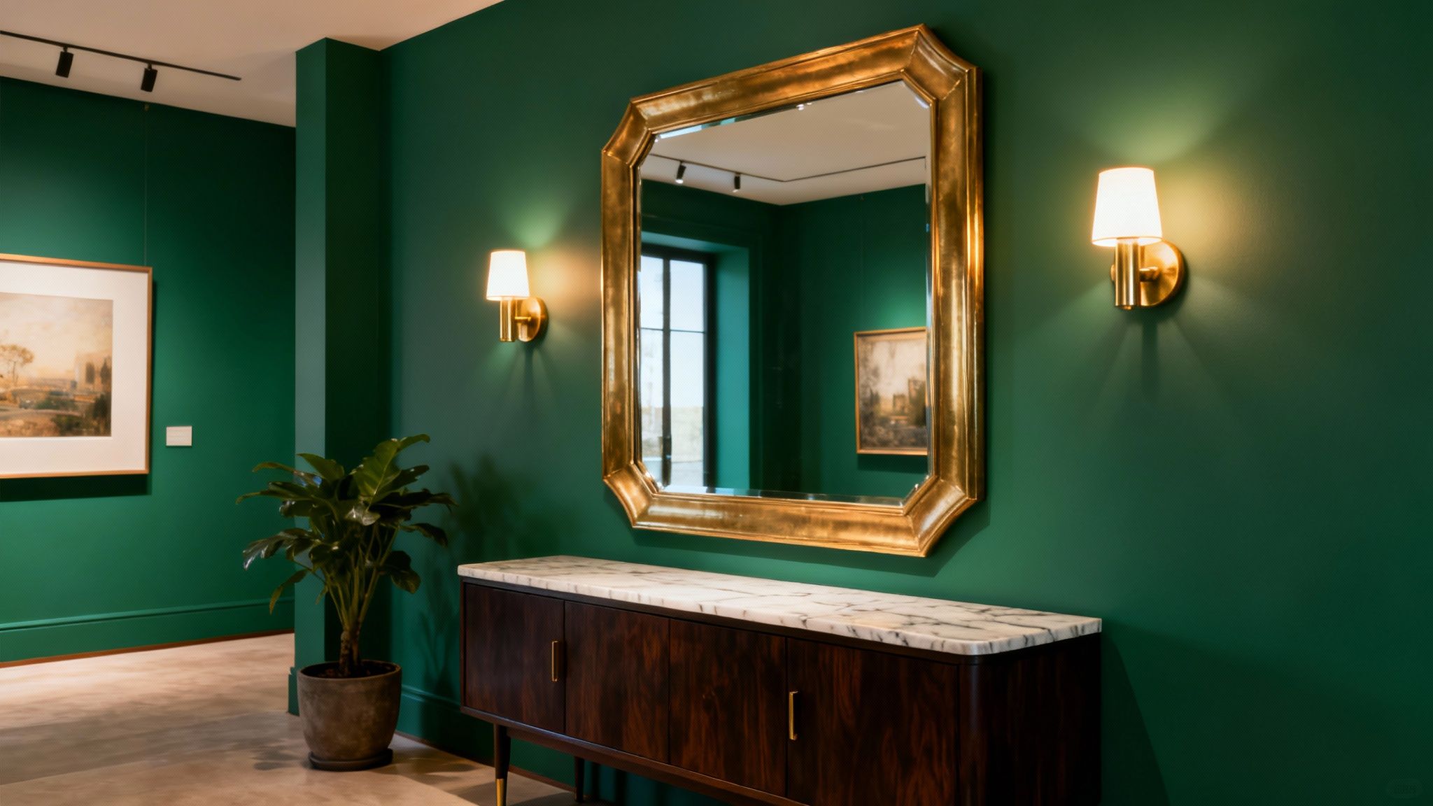 A luxurious hallway with deep green walls, a gold framed mirror, and a wooden console.