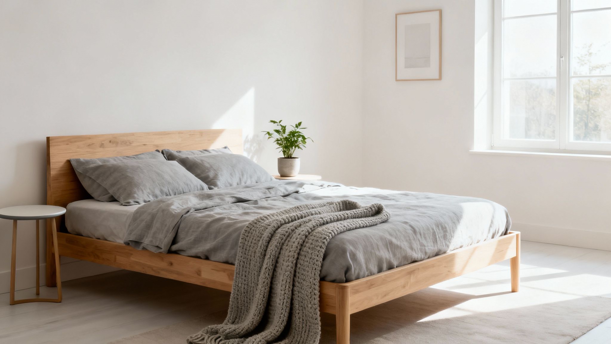 A bright, minimalist bedroom featuring a wooden bed with grey linen bedding, a small plant, and a large window.