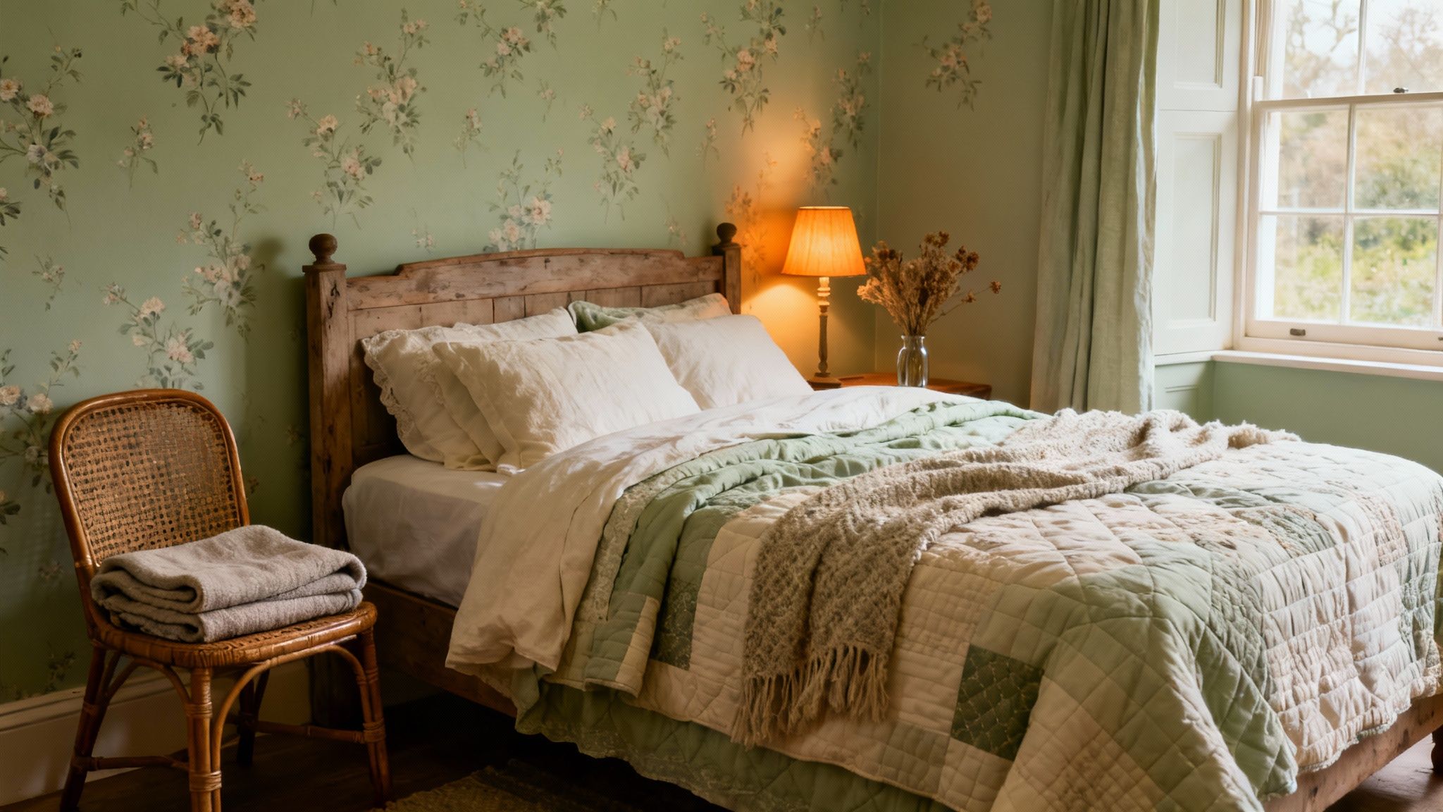 Cozy guest bedroom with a rustic wooden bed, floral wallpaper, patchwork quilt, and rattan chair.