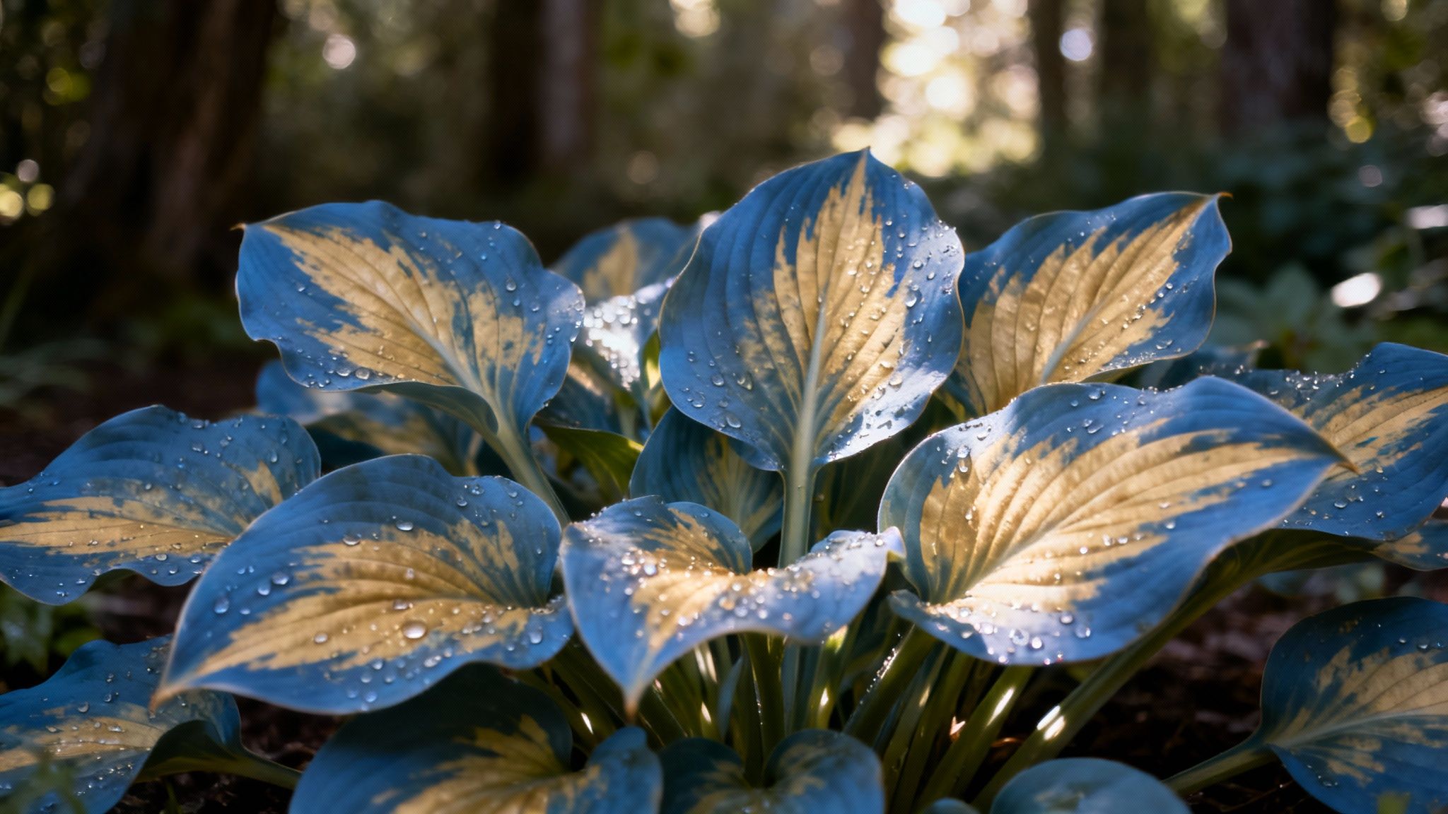 Close-up of blue and yellow variegated Hosta leaves covered in sparkling dewdrops, in a shaded forest.