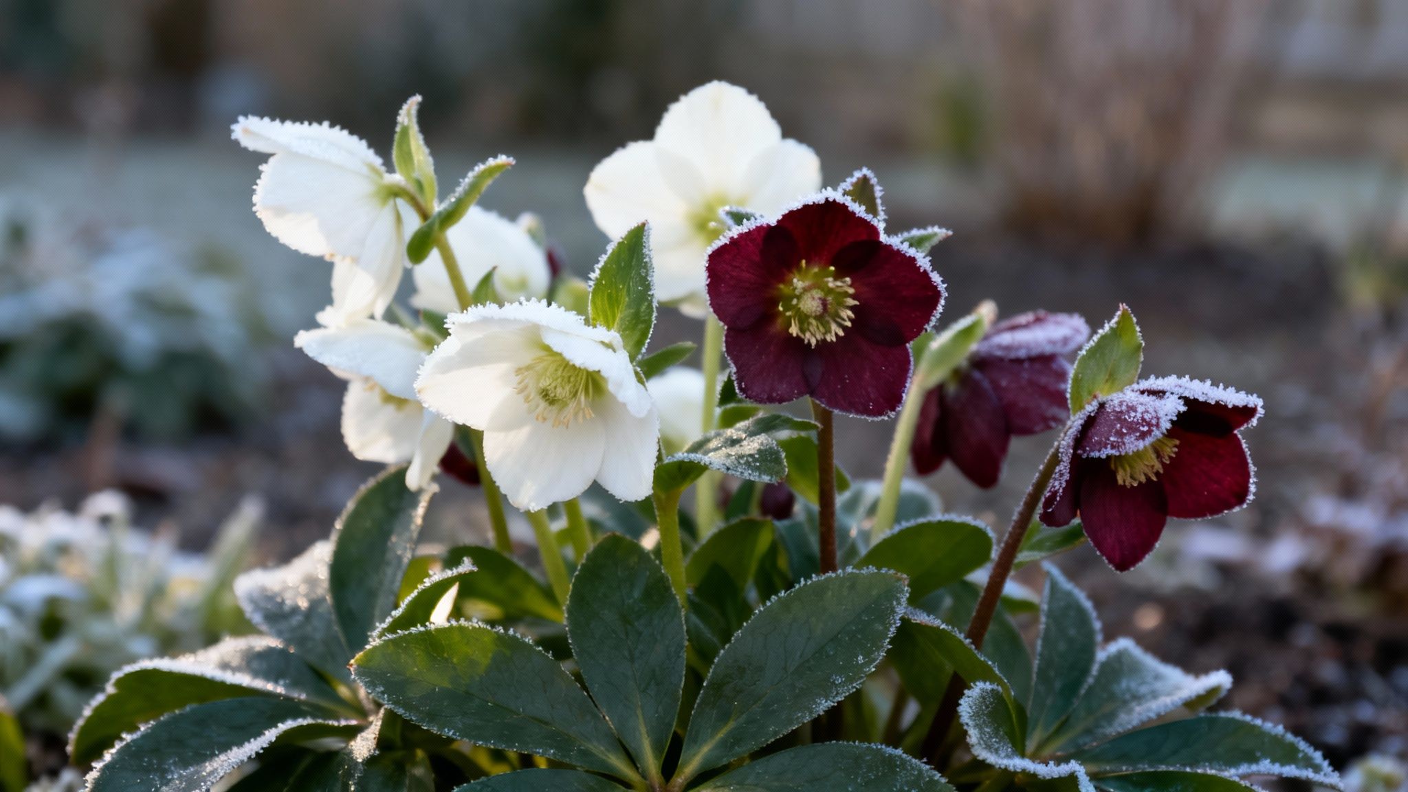Beautiful frosted white and burgundy hellebore flowers blooming in a winter garden.