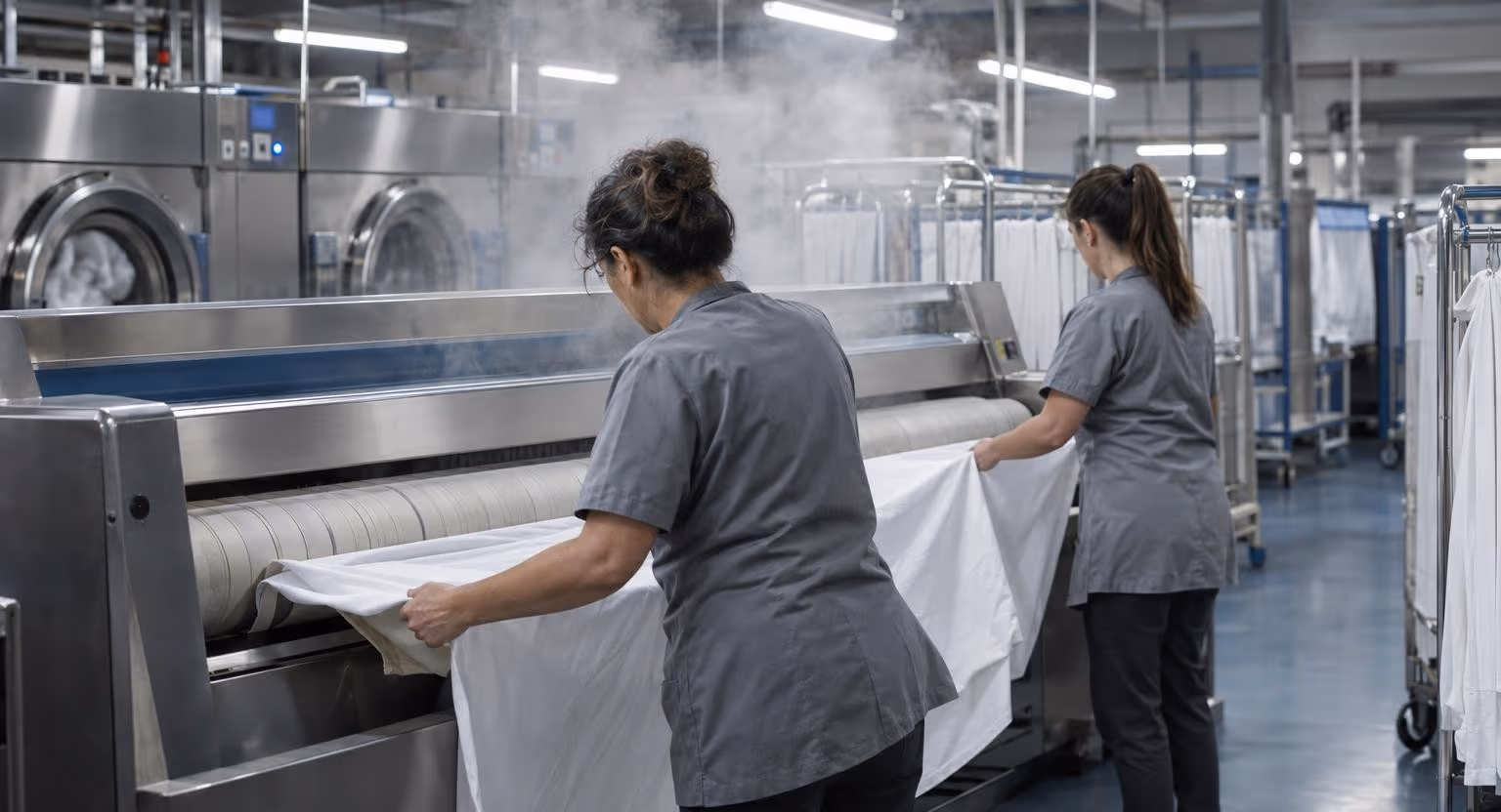 Deux femmes en blouse grise engagent un drap blanc dans une grande calandre, au milieu de machines en acier et de vapeur, sous des néons.