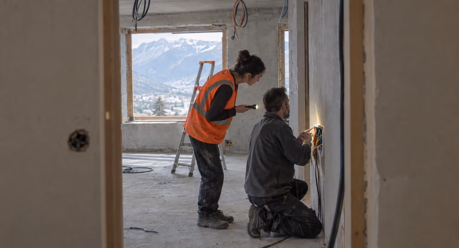 Dans un appartement en travaux aux murs de béton, une jeune femme en gilet orange éclaire avec une lampe un homme agenouillé devant un boîtier électrique.