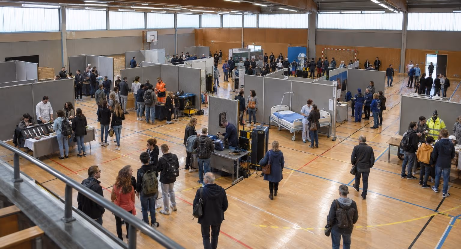 Vue d’en haut d’un gymnase où des visiteurs de tous âges circulent entre des stands en tissu gris présentant des outils et des tenues de travail.