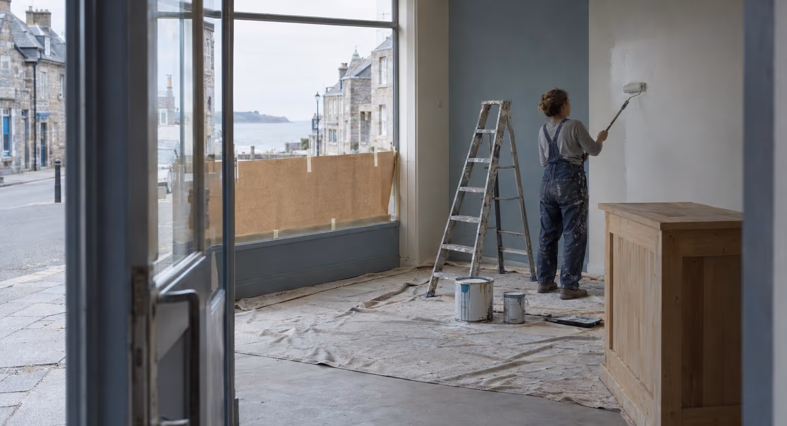 Une femme en salopette tachée passe un rouleau de peinture sur le mur d’une boutique vide, entre un escabeau et des bâches.