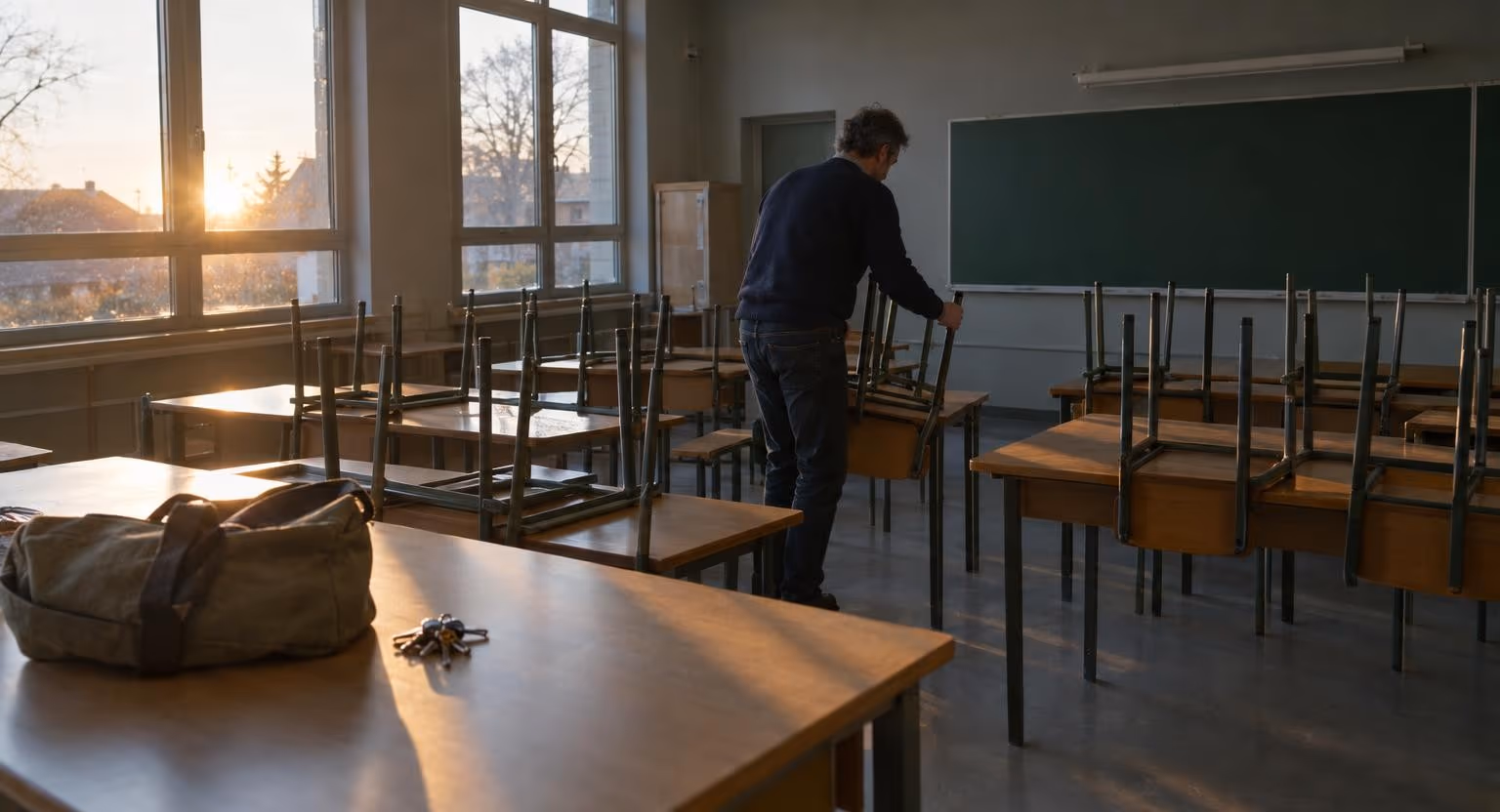 Tôt le matin, un homme en pull bleu marine descend les chaises posées sur les petites tables d’une salle de classe vide, éclairée par un soleil bas.