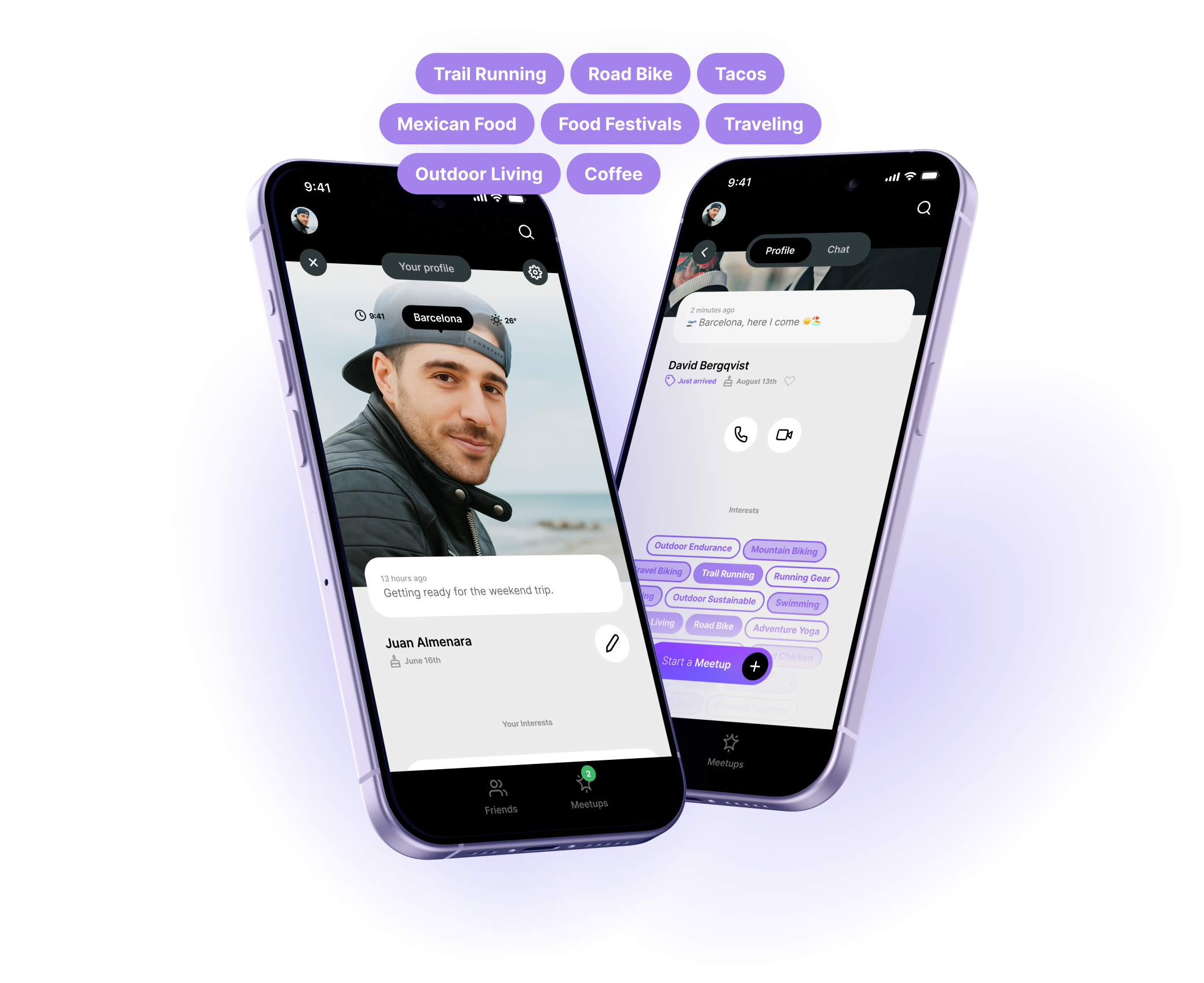 WhosClose user profiles showcasing interests and status updates – discover friends with similar hobbies like trail running, biking, and food festivals on the WhosClose social networking app.