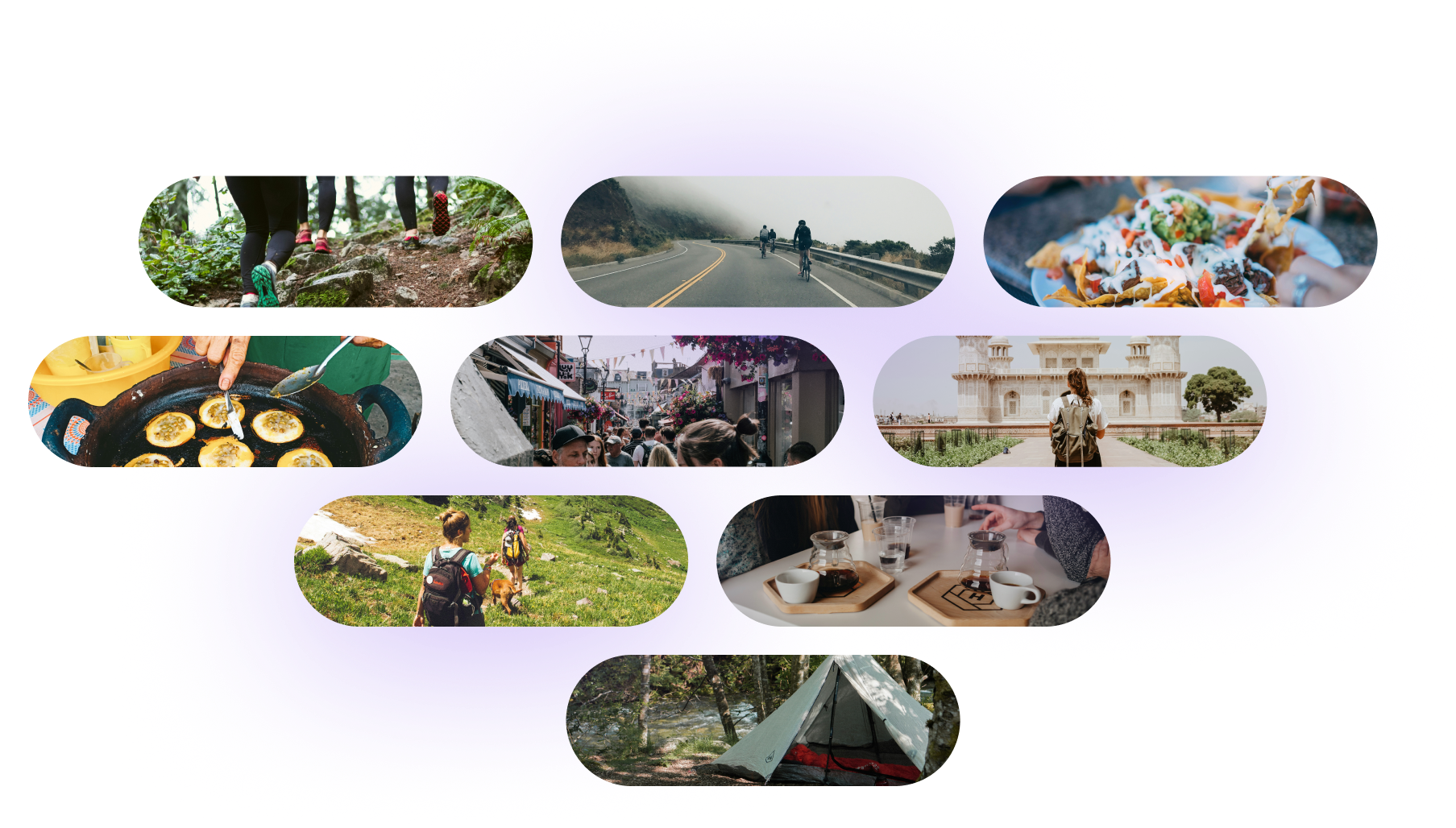 mood images of active people trail running, road biking, eating tacos, cooking mexican food, visiting food festivals, traveling, engaging in a cafe
