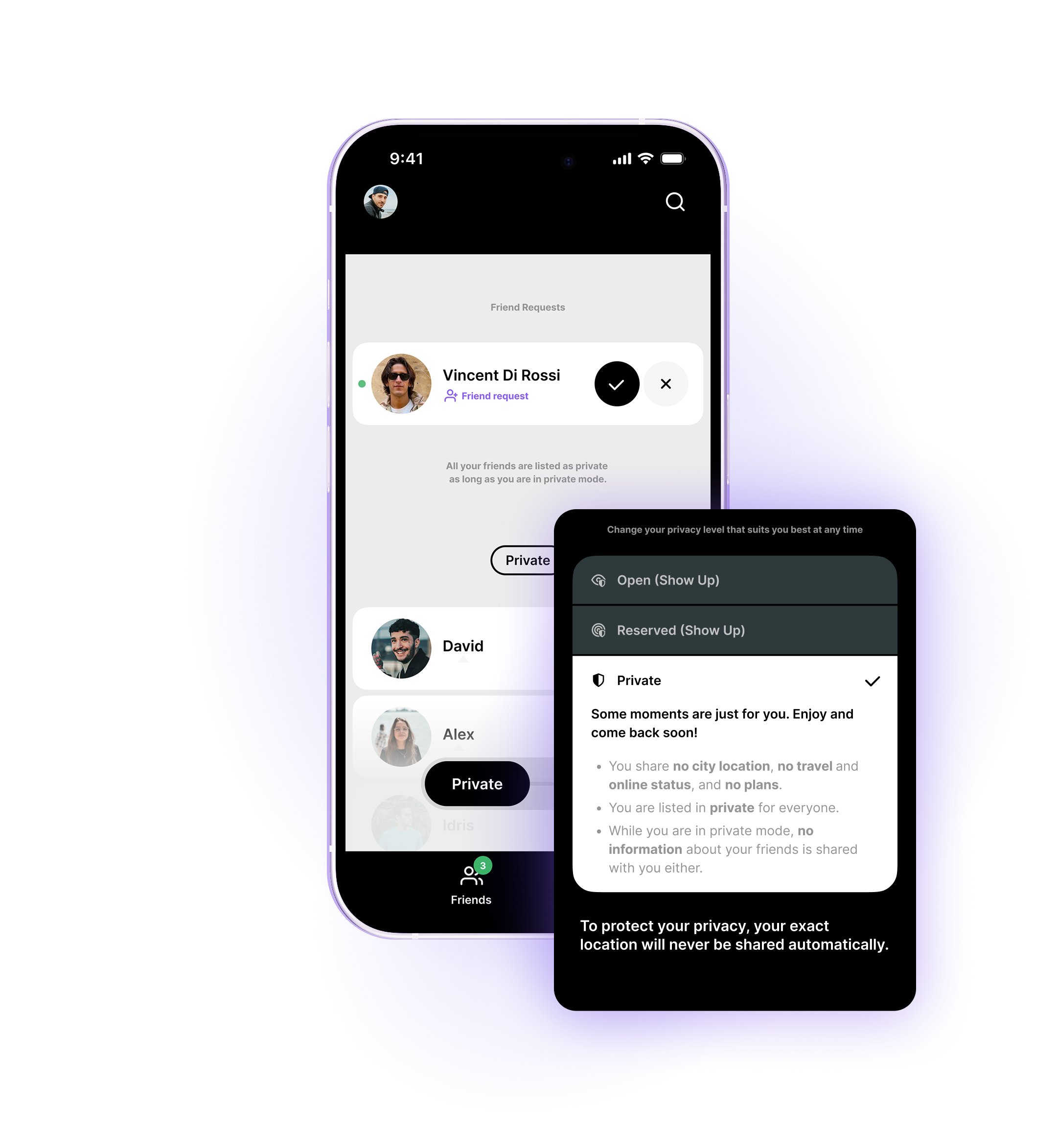 WhosClose app screen showing friend requests and privacy settings – manage who sees your location and control friend visibility with modes like “Private” and “Show Up” for enhanced social privacy.