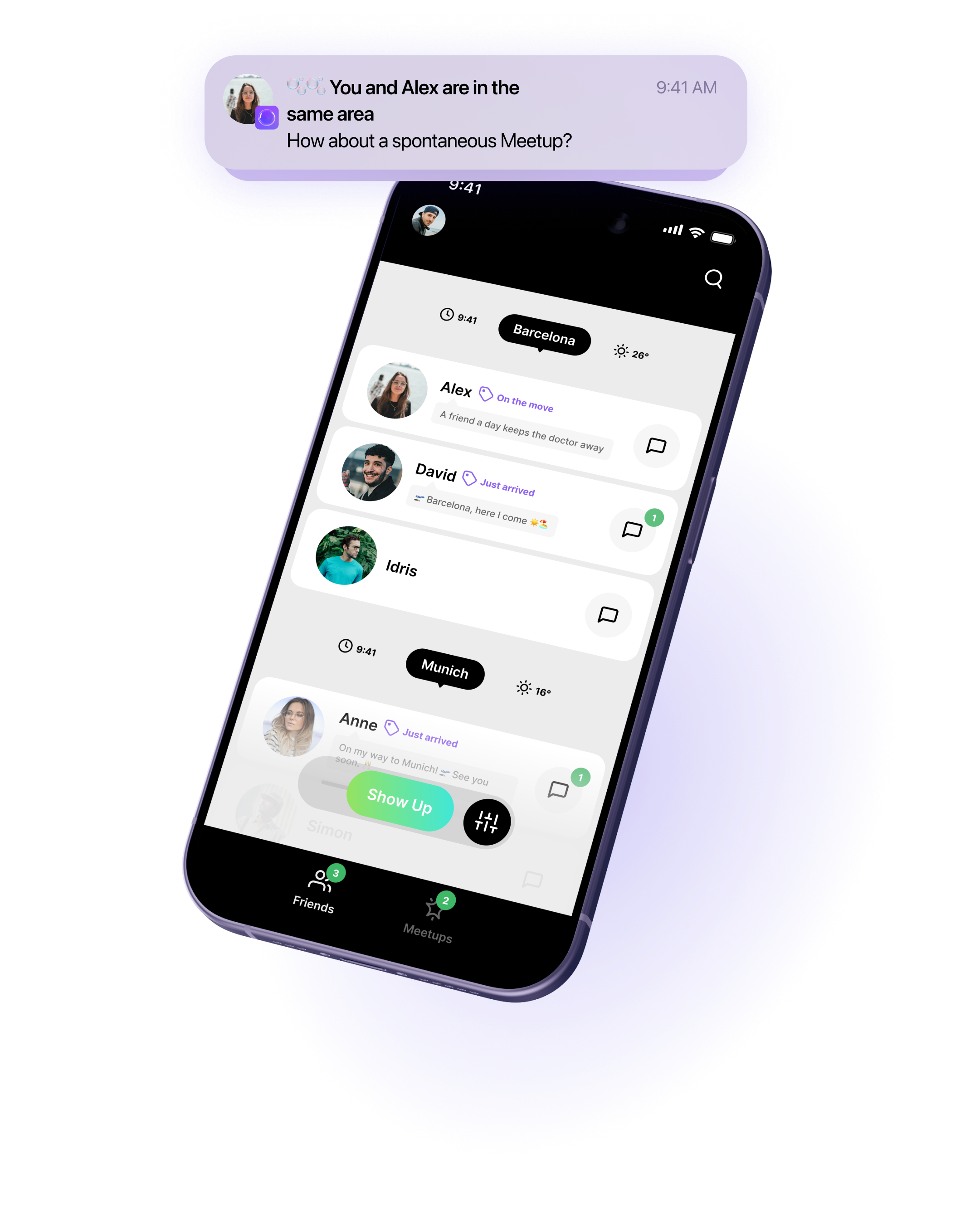 mMobile phone with friends list display showing friends and their current city; notification popping up that you and a friend are in the same area and asking if you want to meet up spontaneously