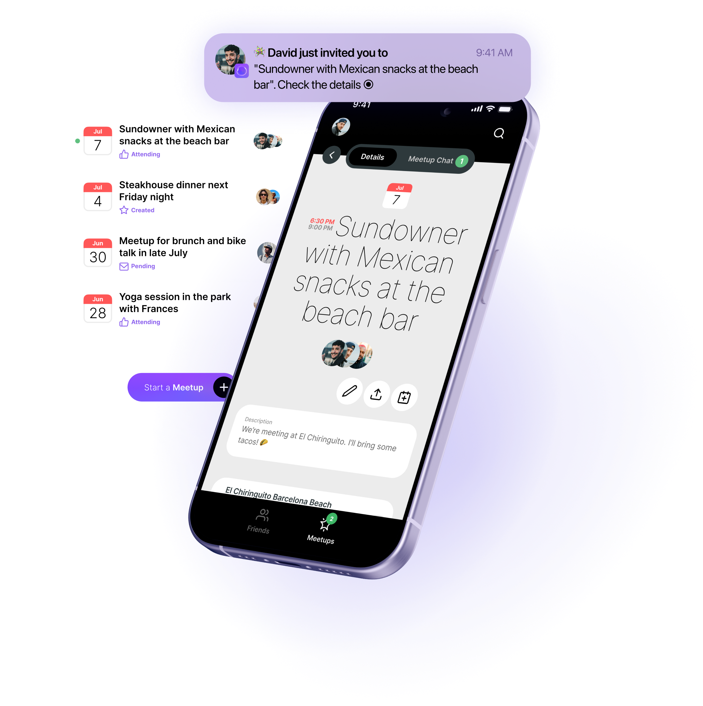 WhosClose meetup overview and event invitation notification on mobile – organize events, view details, and connect with friends through the WhosClose social app.